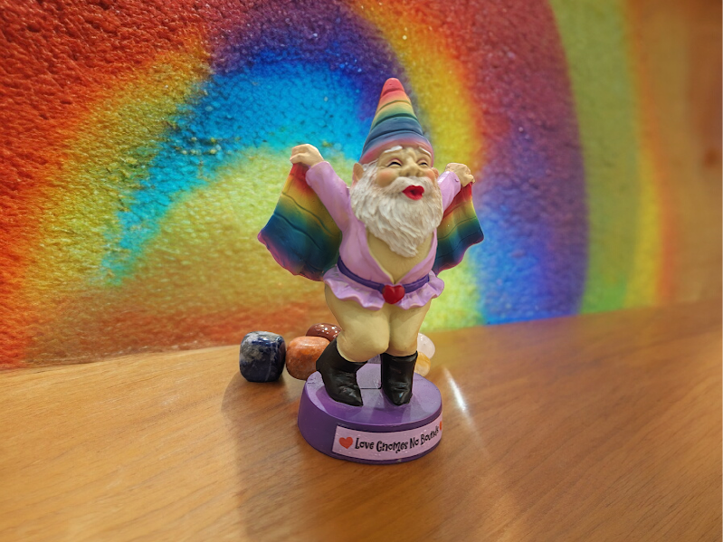 'Love Gnomes No Bounds' Pride garden gnome