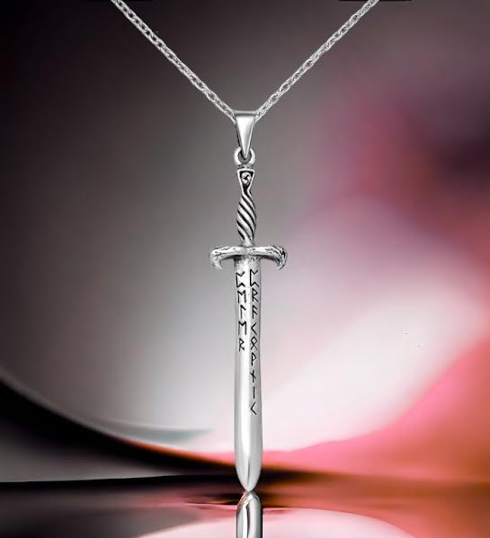 Mythical viking sword pendant with etched rune design