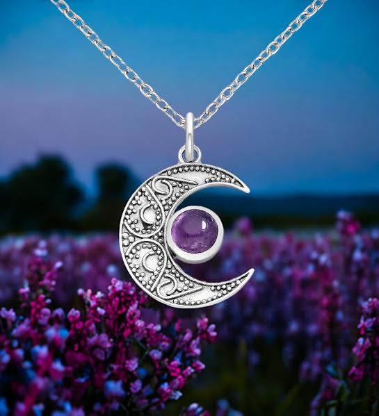 Amethyst crescent moon detailed sterling silver pendant