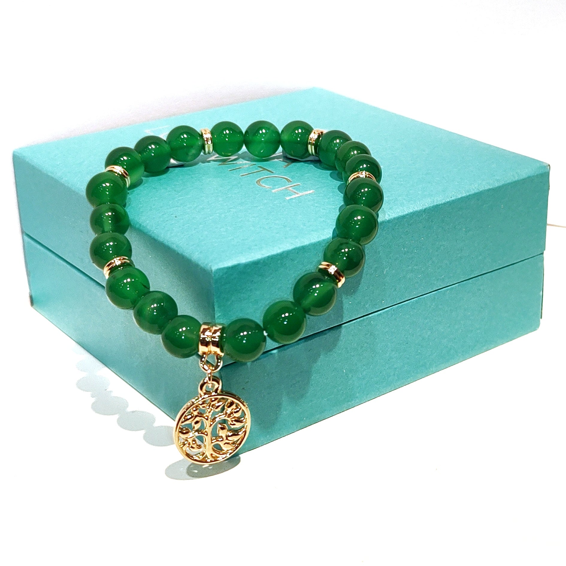 Green Agate with Gold tree of life charm 8mm crystal bead bracelet