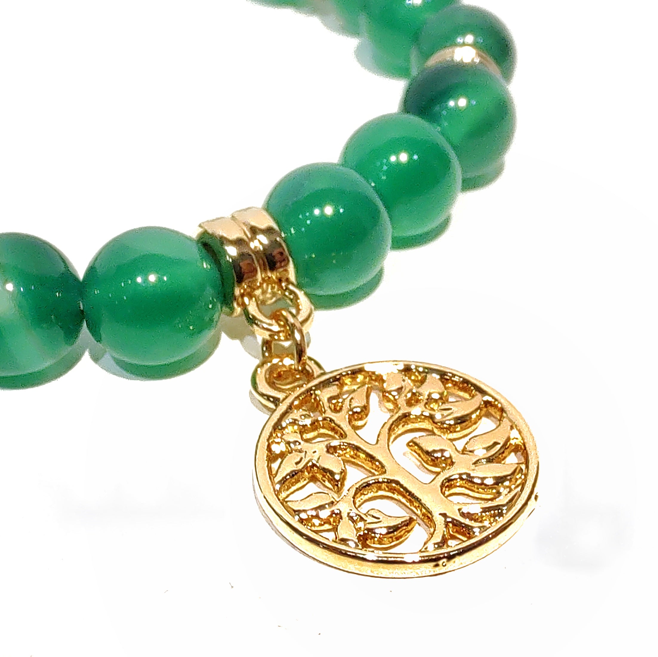 Green Agate with Gold tree of life charm 8mm crystal bead bracelet