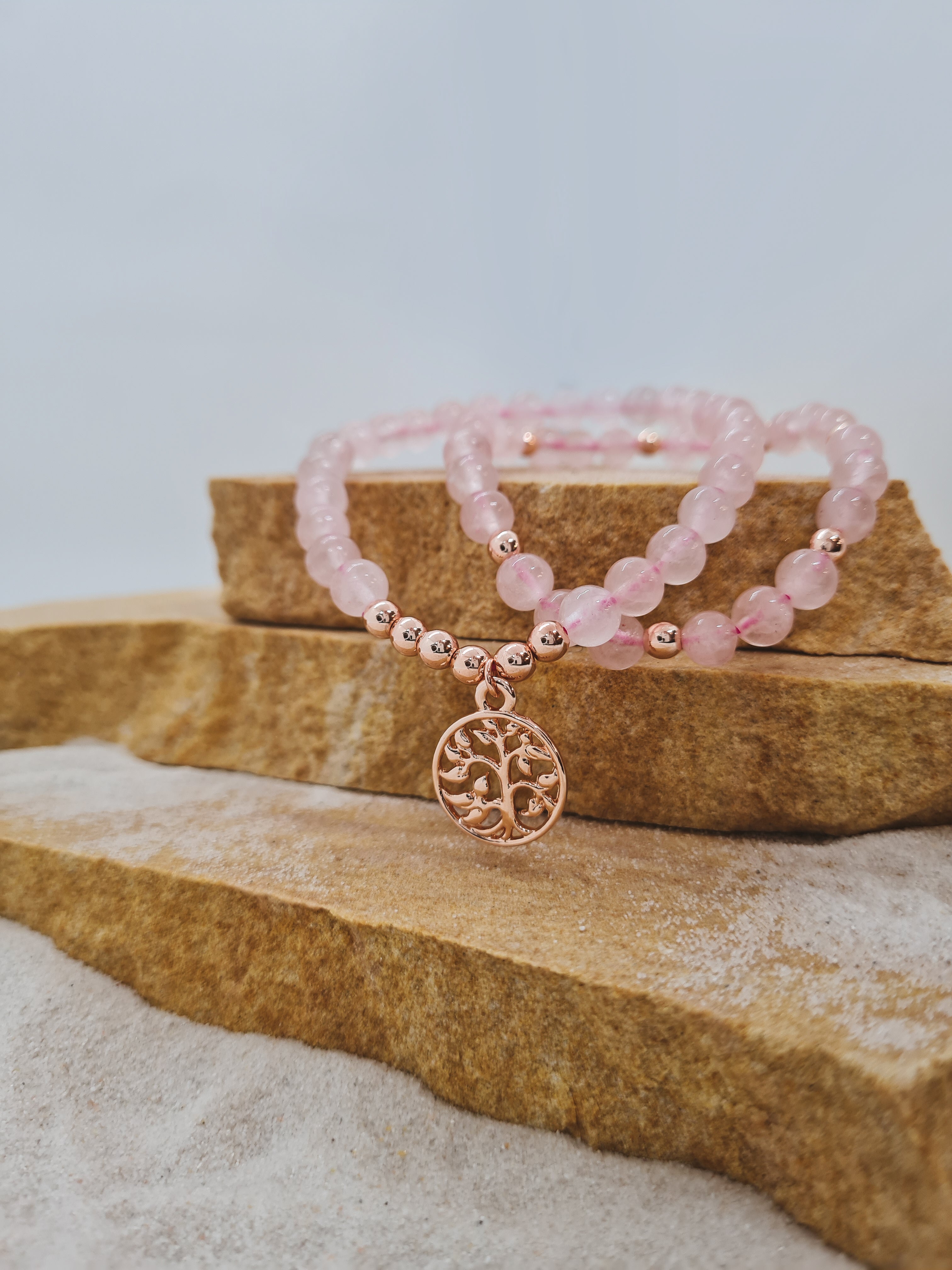 Rose Quartz 8mm crystal bead bracelet with silver tree of life charm