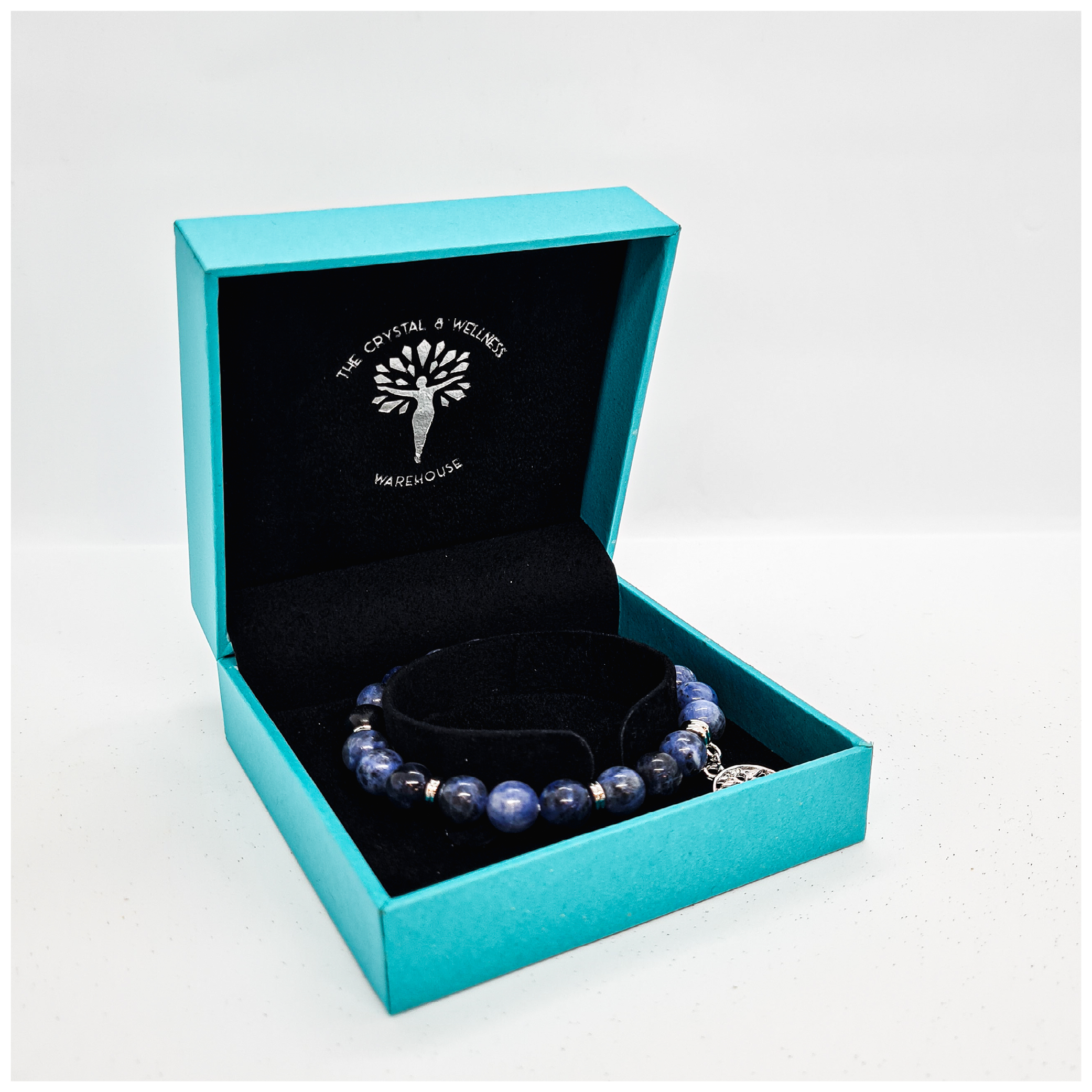 Sodalite 8mm crystal bead bracelet with silver tree of life charm