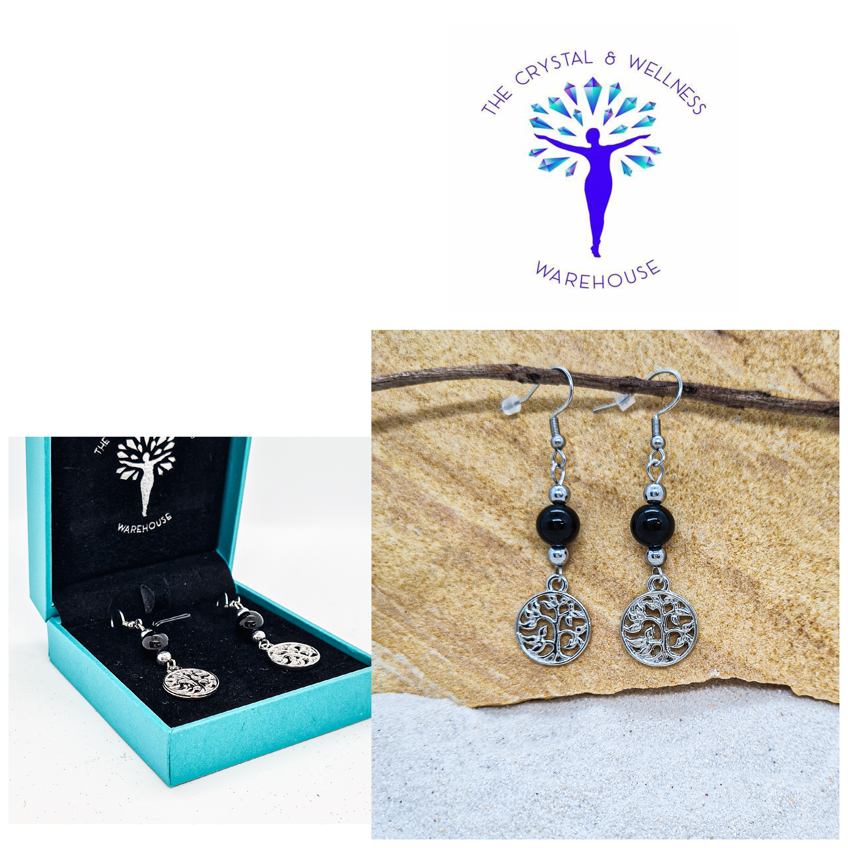 Black Obsidian 8mm crystal bead drop earrings with silver tree of life charm