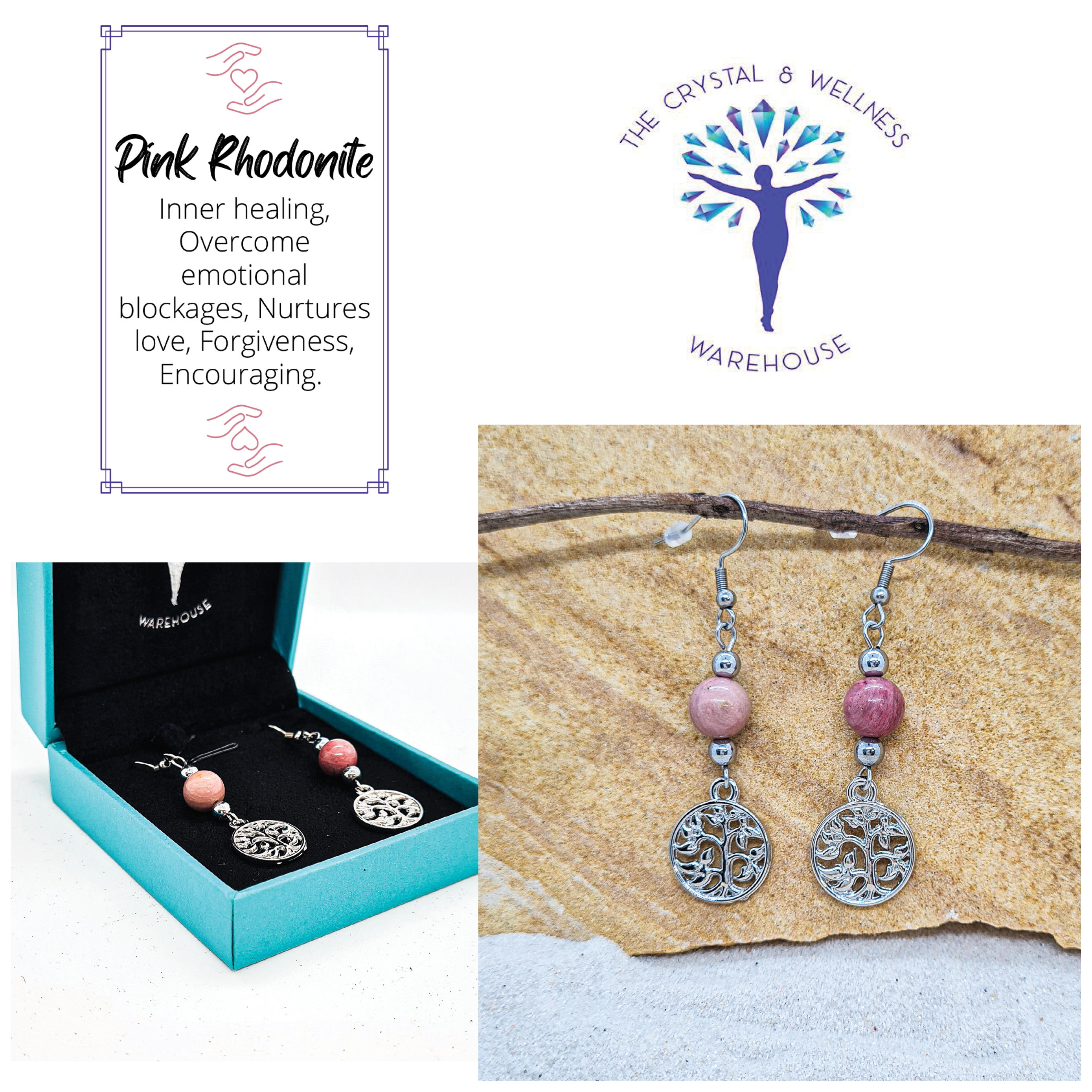 Pink Rhodonite 8mm crystal bead drop earrings with silver tree of life charm