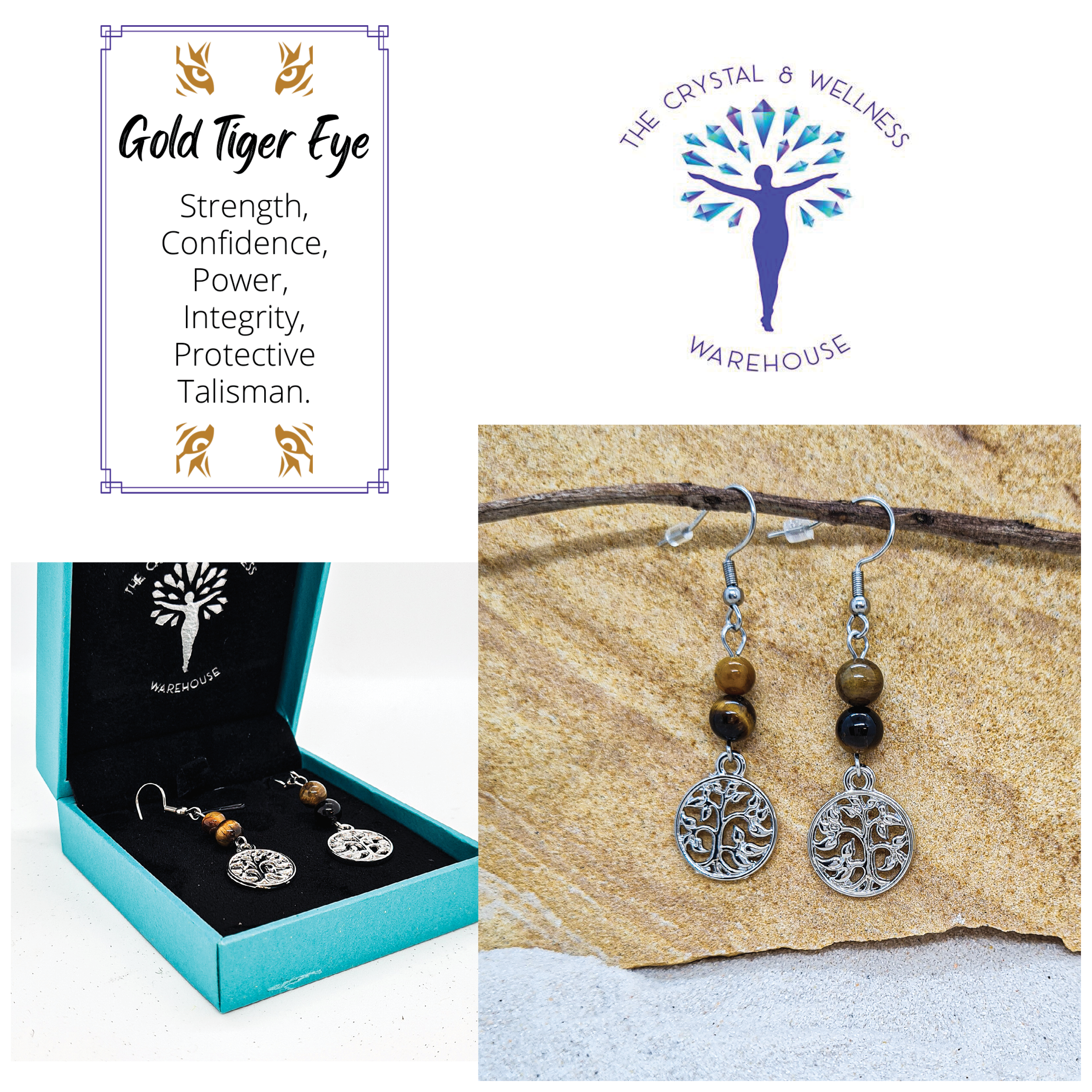 Gold Tiger Eye 6mm crystal bead drop earring with silver tree of life charm