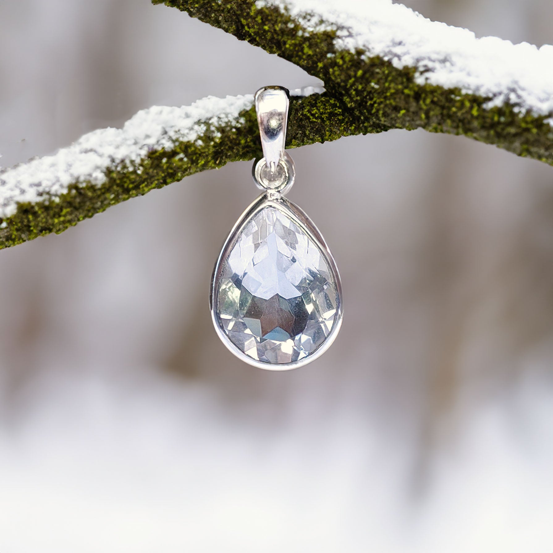 Faceted Tear Drop Clear Quartz Sterling Silver Pendant 1