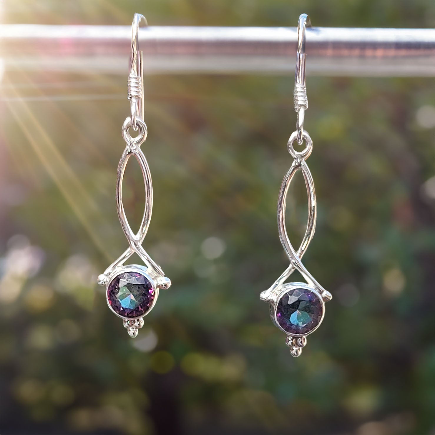 Faceted Mystic Topaz Dangly Earrings with Infinity Design