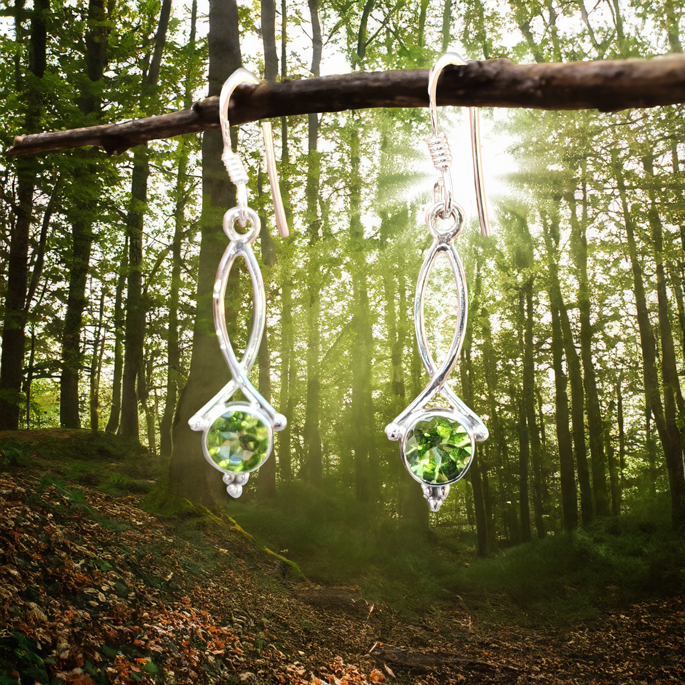 Faceted Peridot Dangly Earrings with Infinity Design