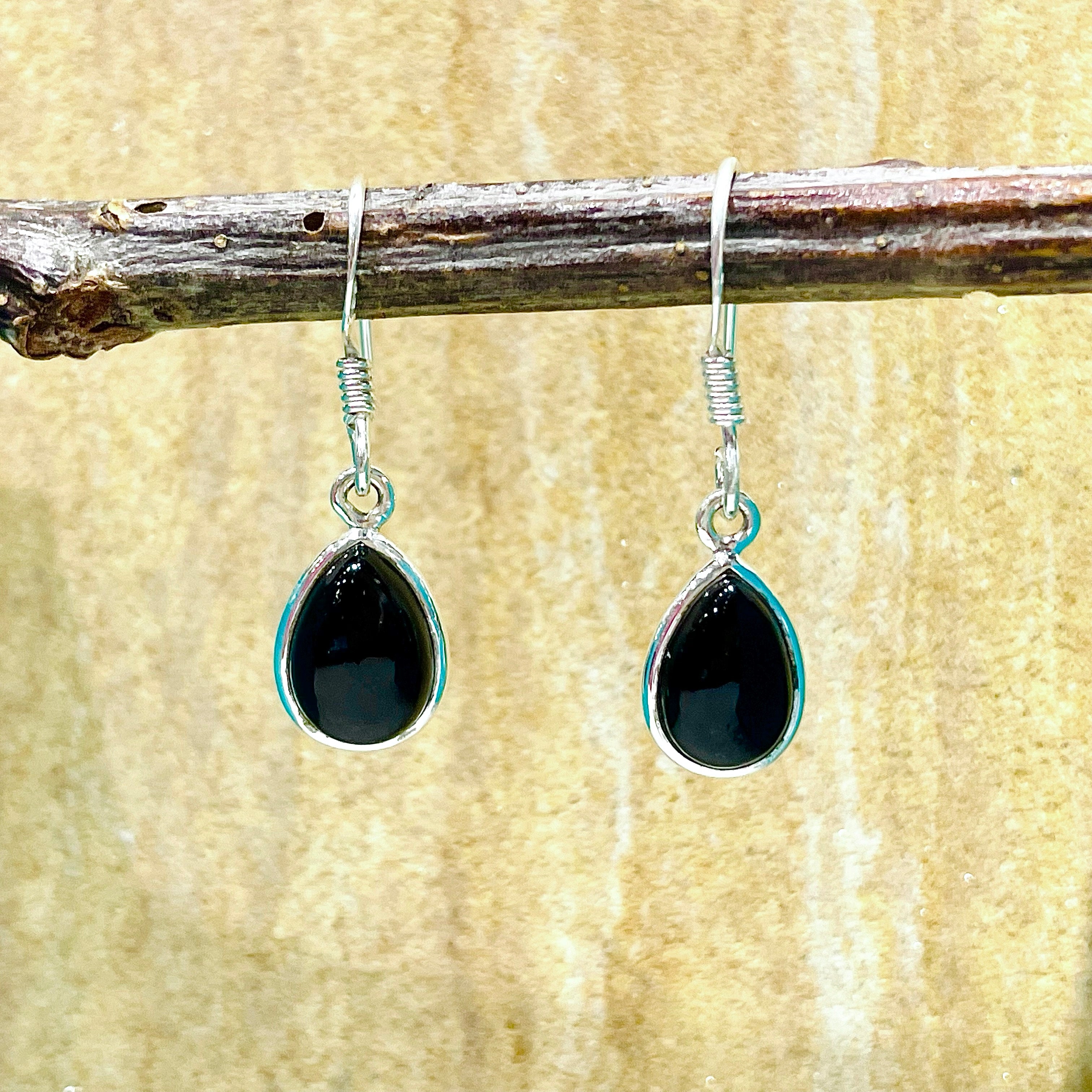 Black onyx teardrop cabochon sterling silver earrings