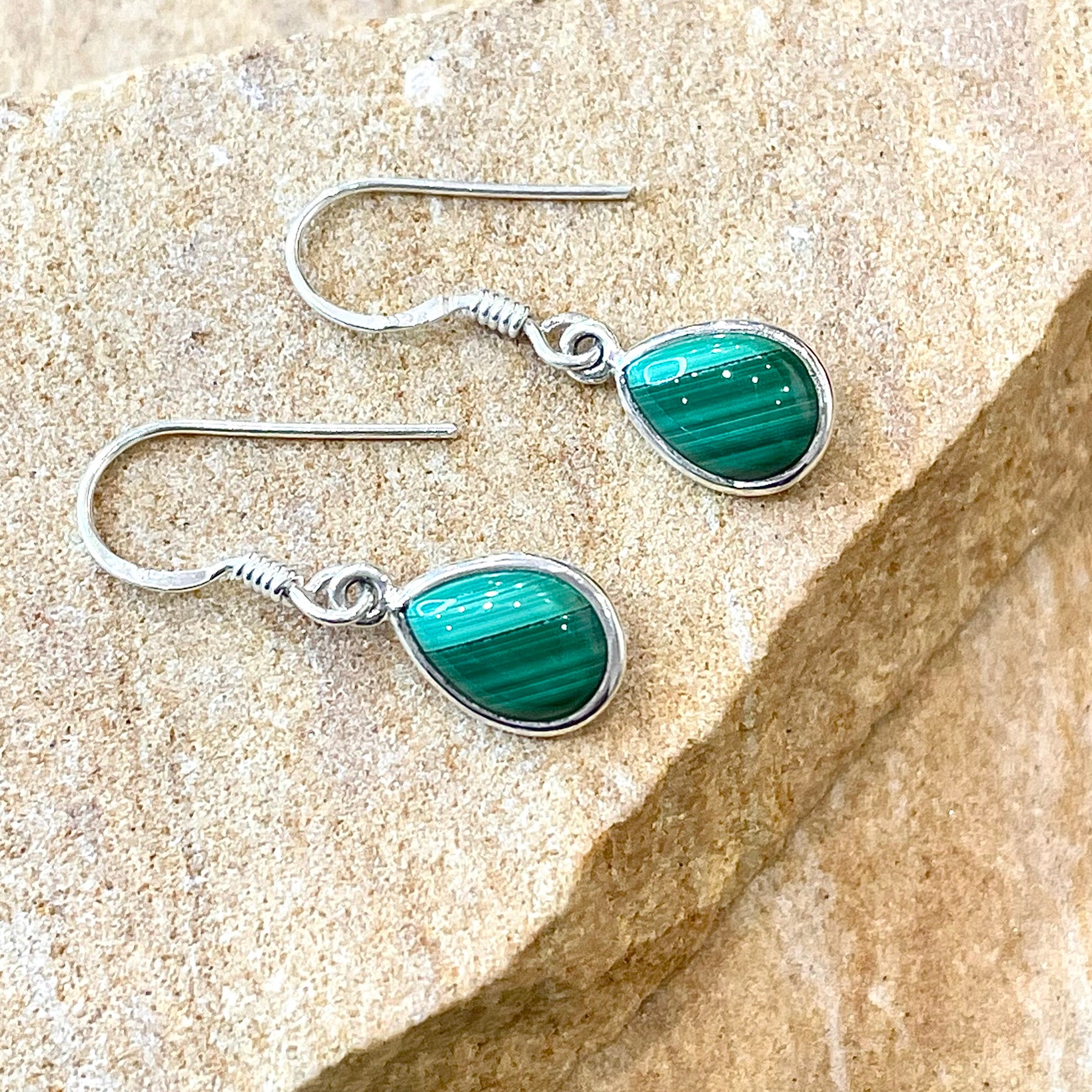 Malachite tear drop cabochon earrings in sterling silver