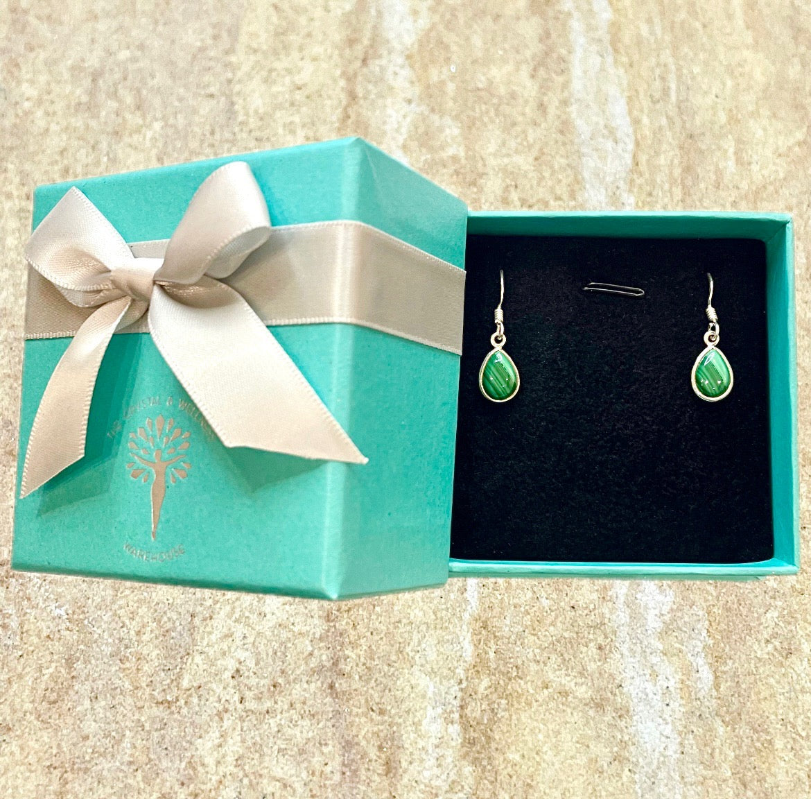 Malachite tear drop cabochon earrings in sterling silver