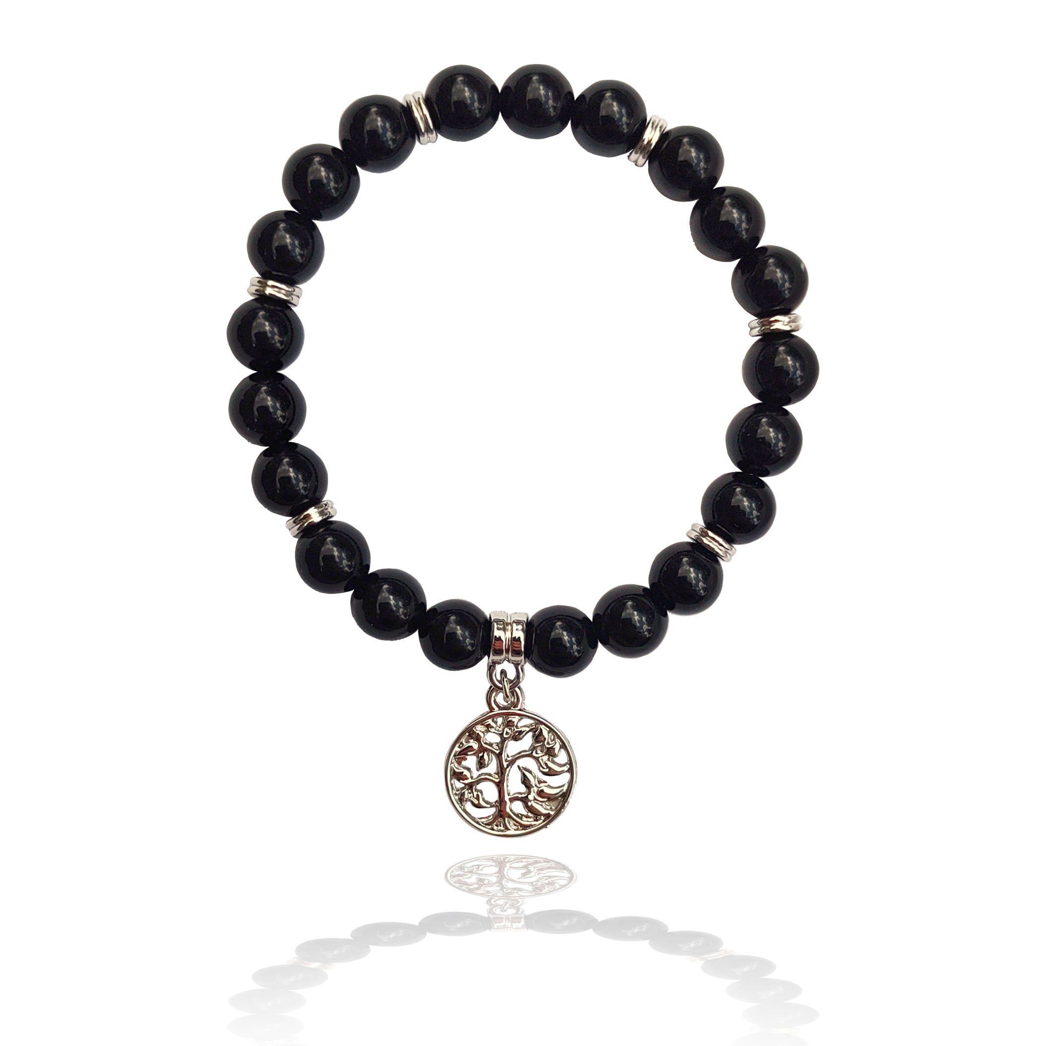 Black Obsidian 8mm Crystal Bead Bracelet with Silver Tree of Life Charm