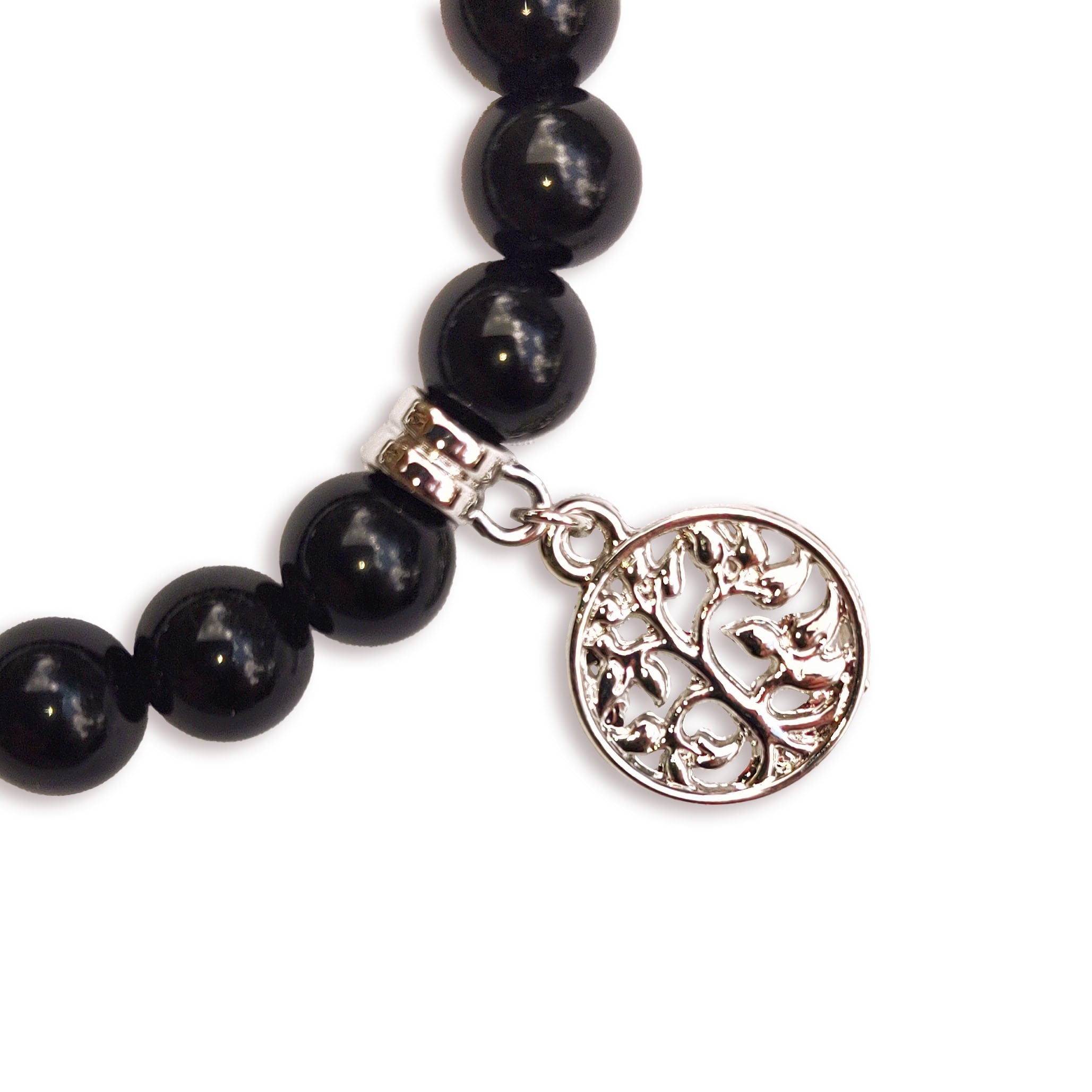 Black Obsidian 8mm Crystal Bead Bracelet with Silver Tree of Life Charm