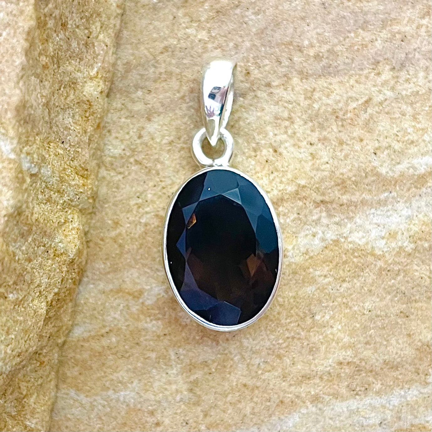 Smoky Quartz Oval drop faceted pendant in sterling silver