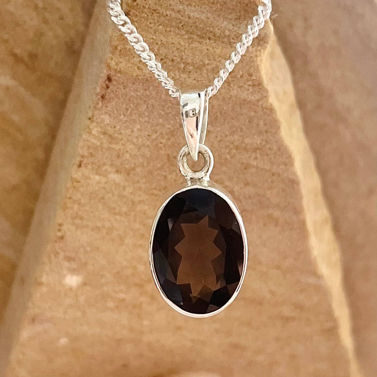 Smoky Quartz Oval drop faceted pendant in sterling silver