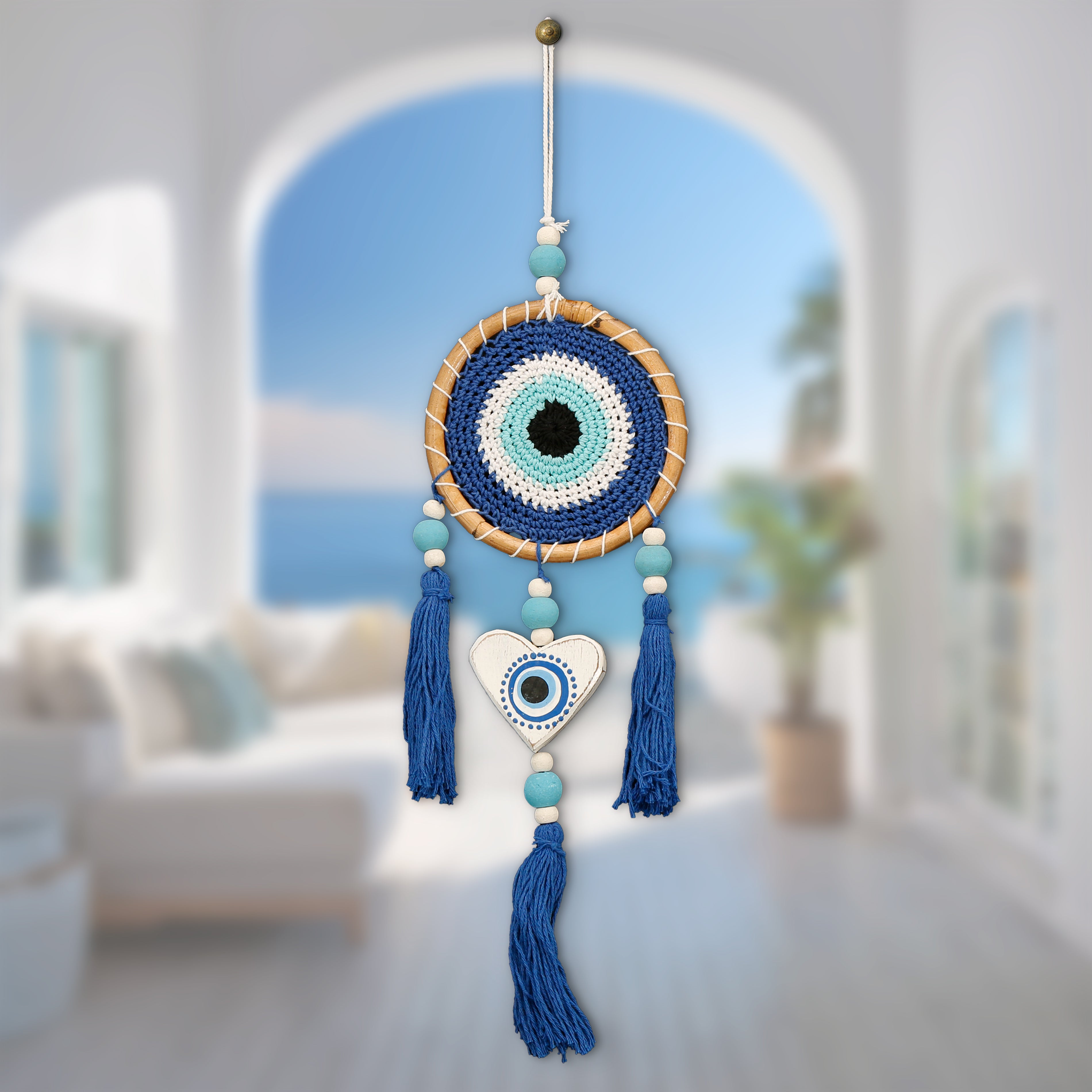 Evil eye dream catcher with love heart wooden charm