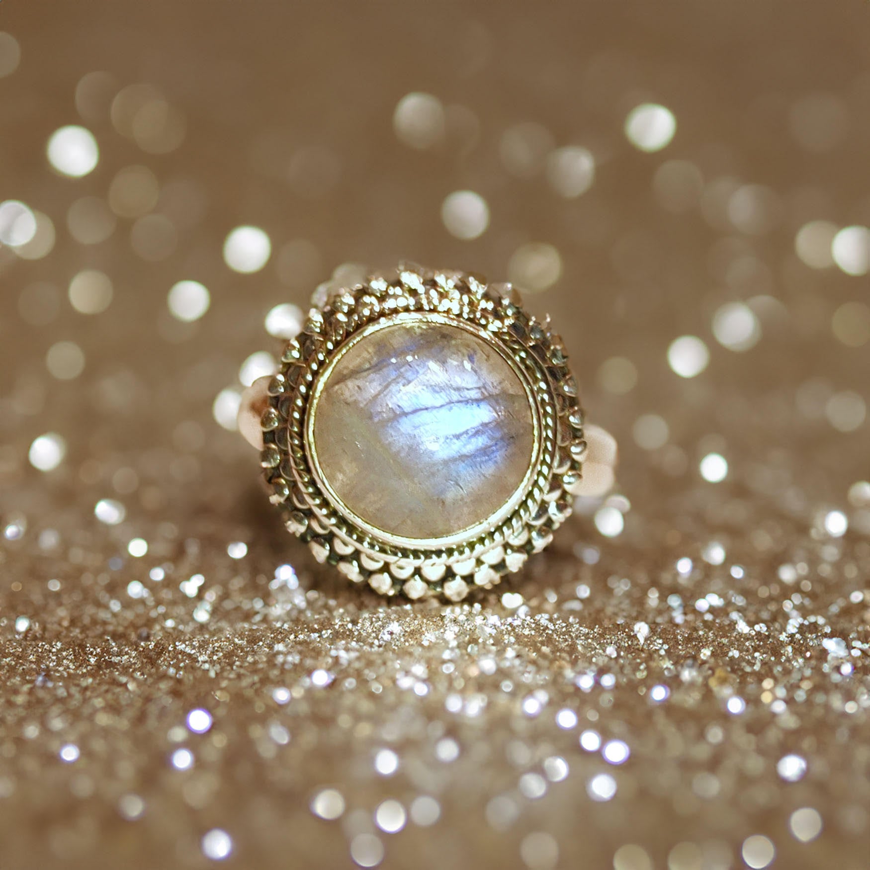 Enchanting Blue-Hued Rainbow Moonstone Boho Ring