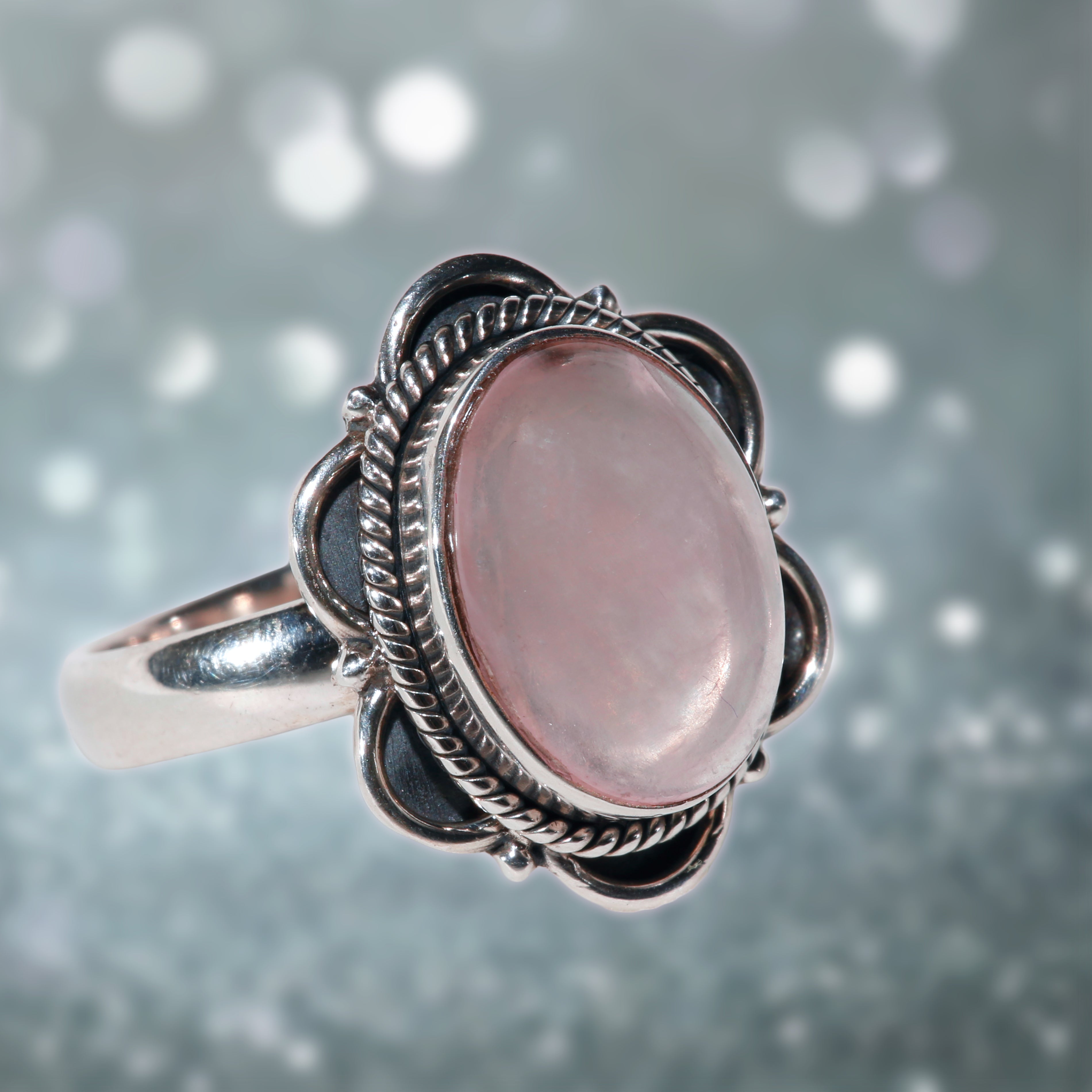 Oval boho flower design rose quartz polished cabochon sterling silver ring ~ size 10,9 & 8