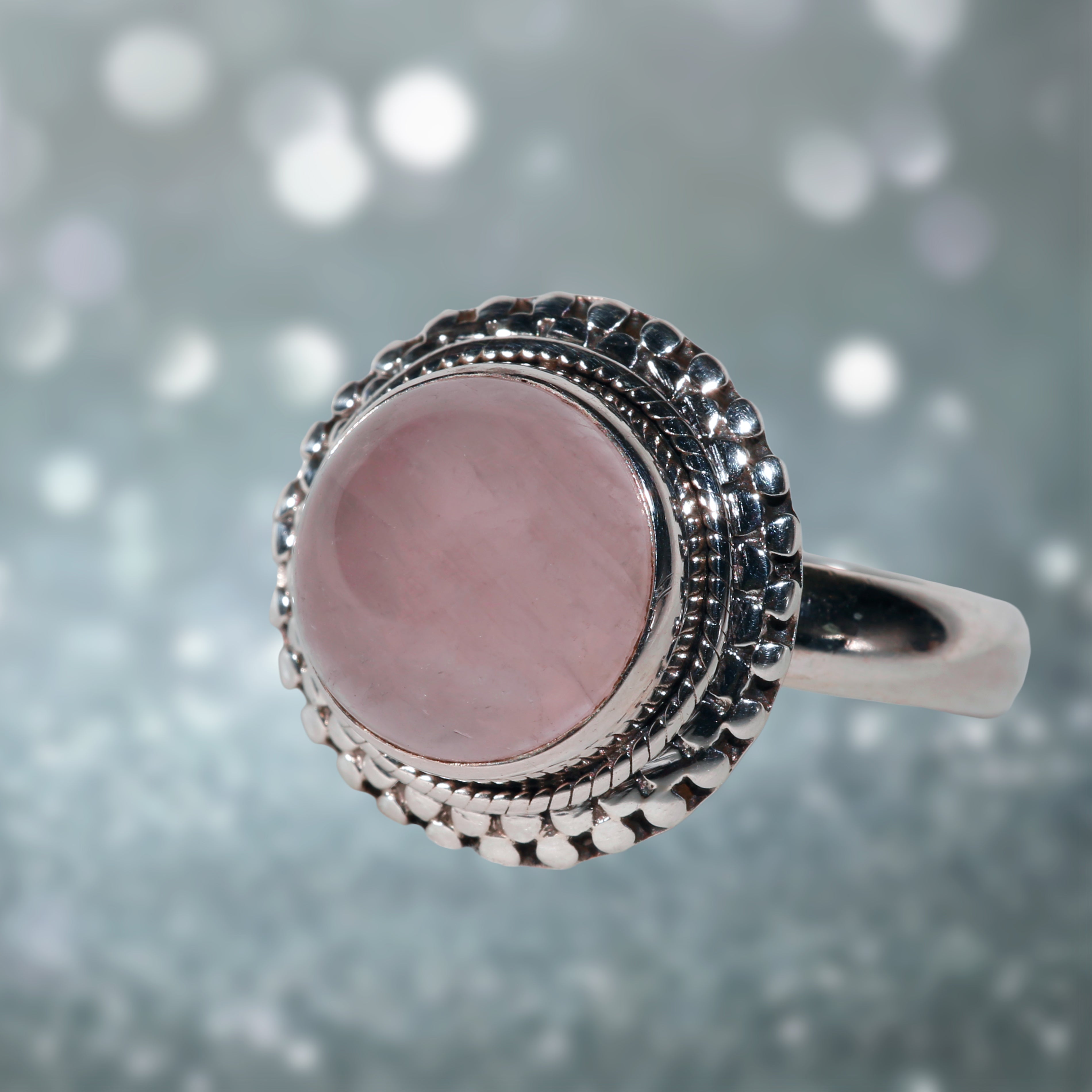 Round rose quartz cabochon omega design sterling silver ring ~ size 10, 9 and 7