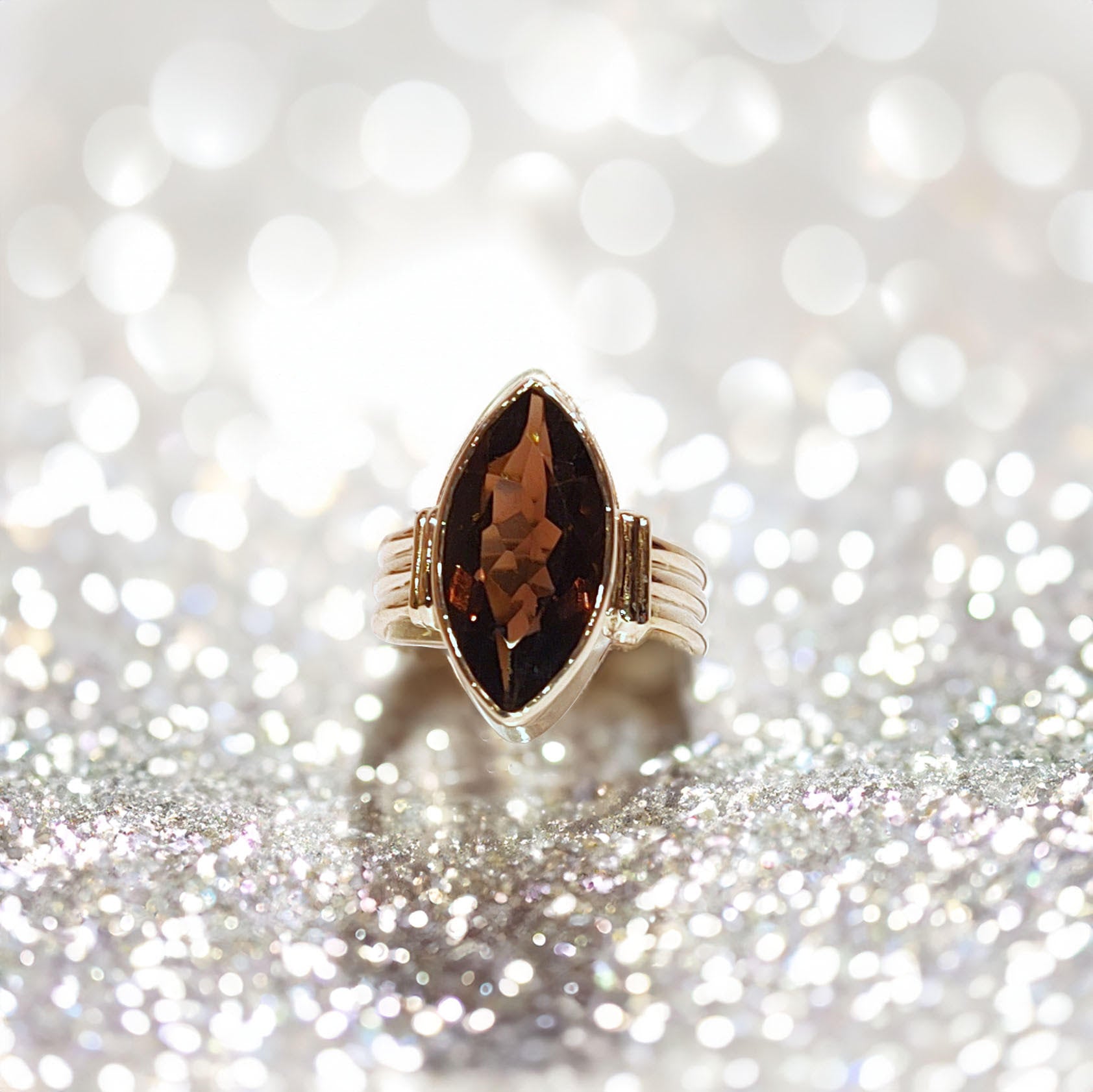 Smoky Quartz Marquise-Cut Triband Ring Sterling Sliver