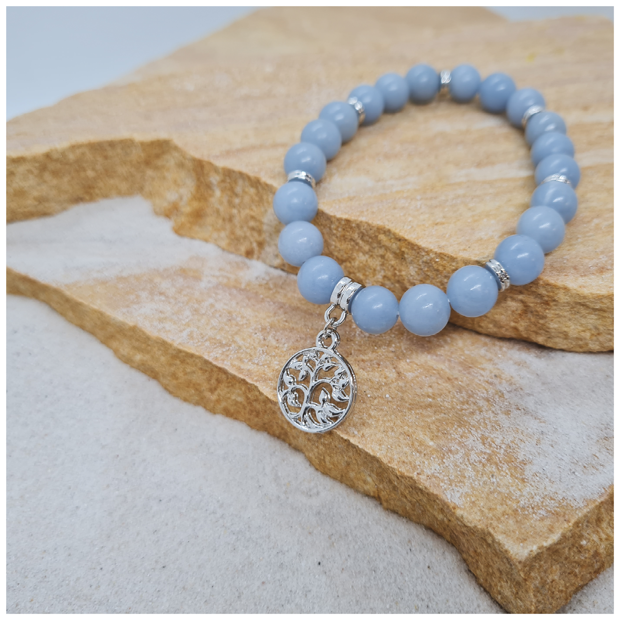 Angelite 6mm twin crystal bead bracelets with silver Tree of Life charm