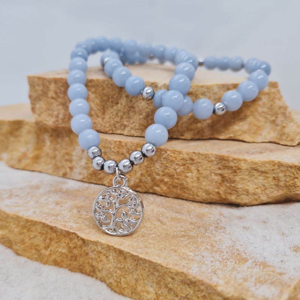 Angelite 8mm crystal bead bracelet with tree of life charm