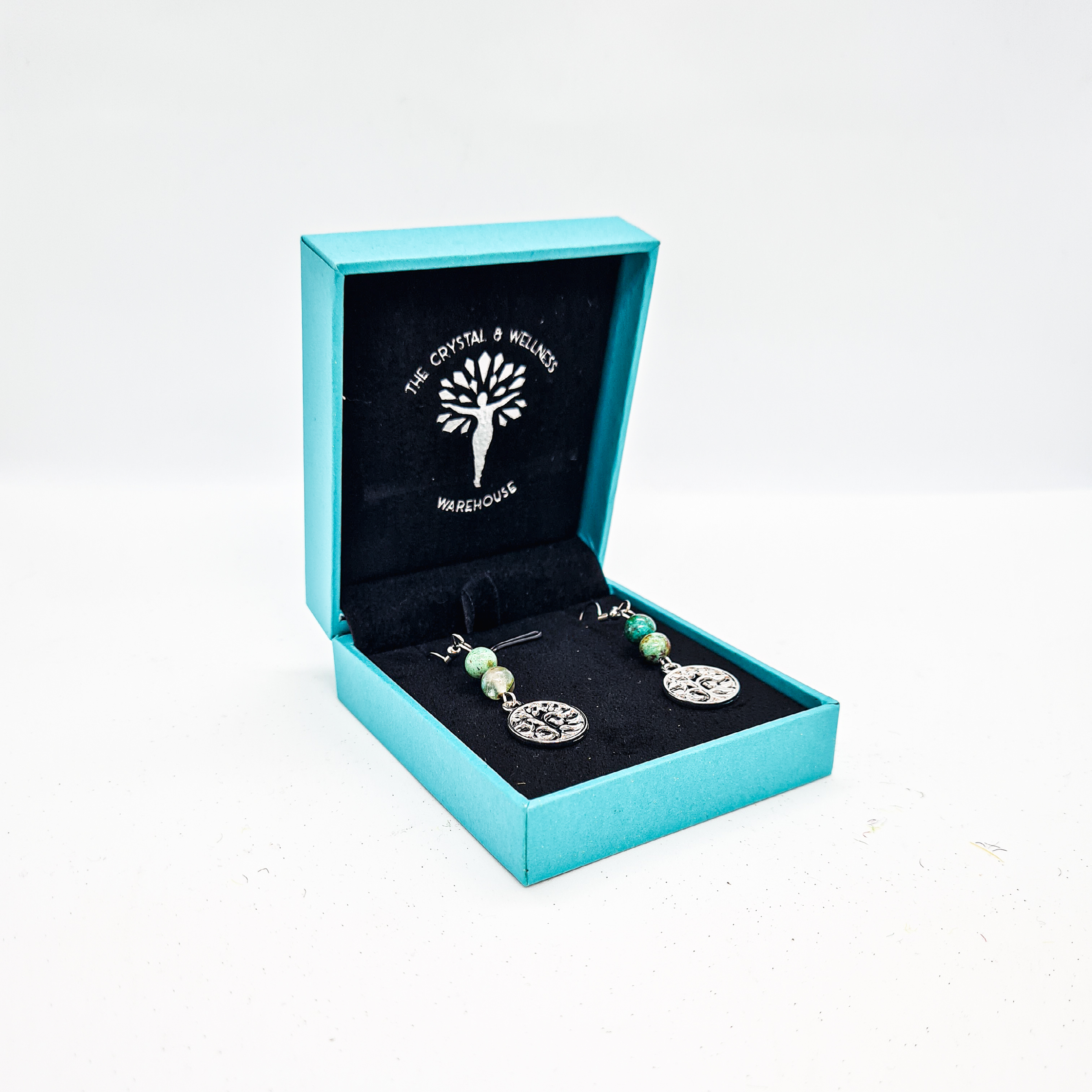 Chrysocolla 6mm crystal bead drop earring with silver tree of life charm