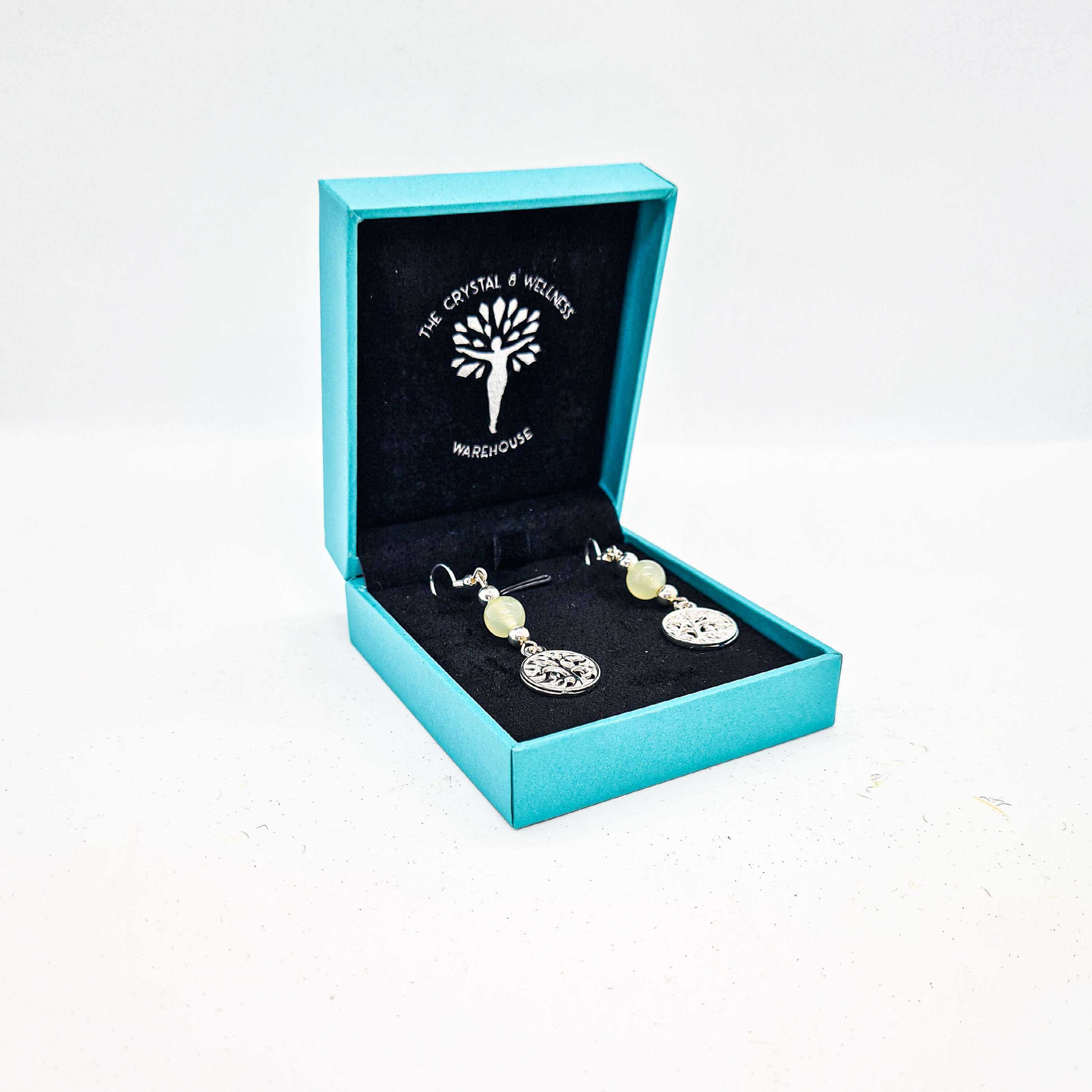 New Jade 8mm crystal bead drop earring with silver tree of life charm