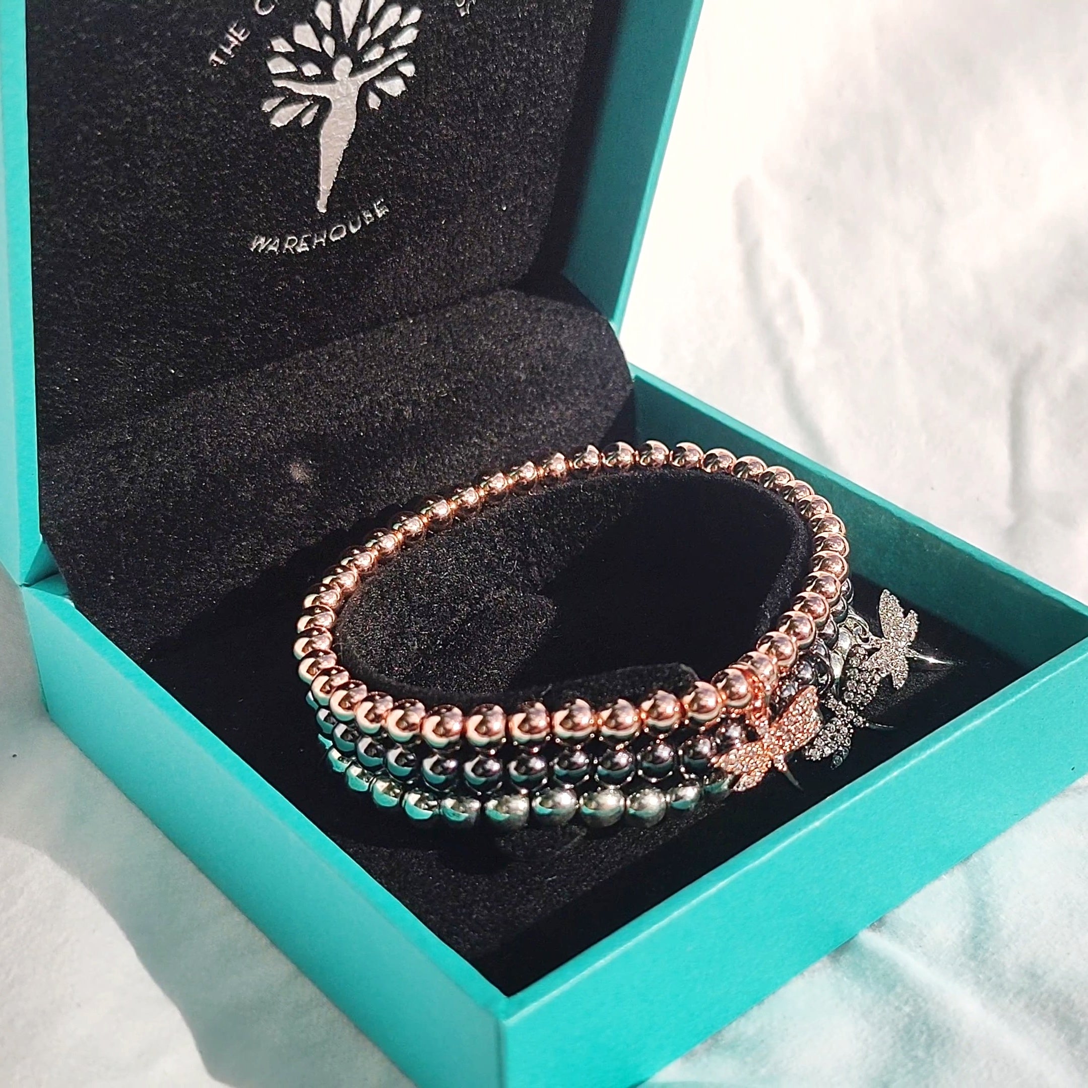 Hematite Bracelet with Dragonfly Charm ~ Black, Silver & Rose Gold in luxury gift box