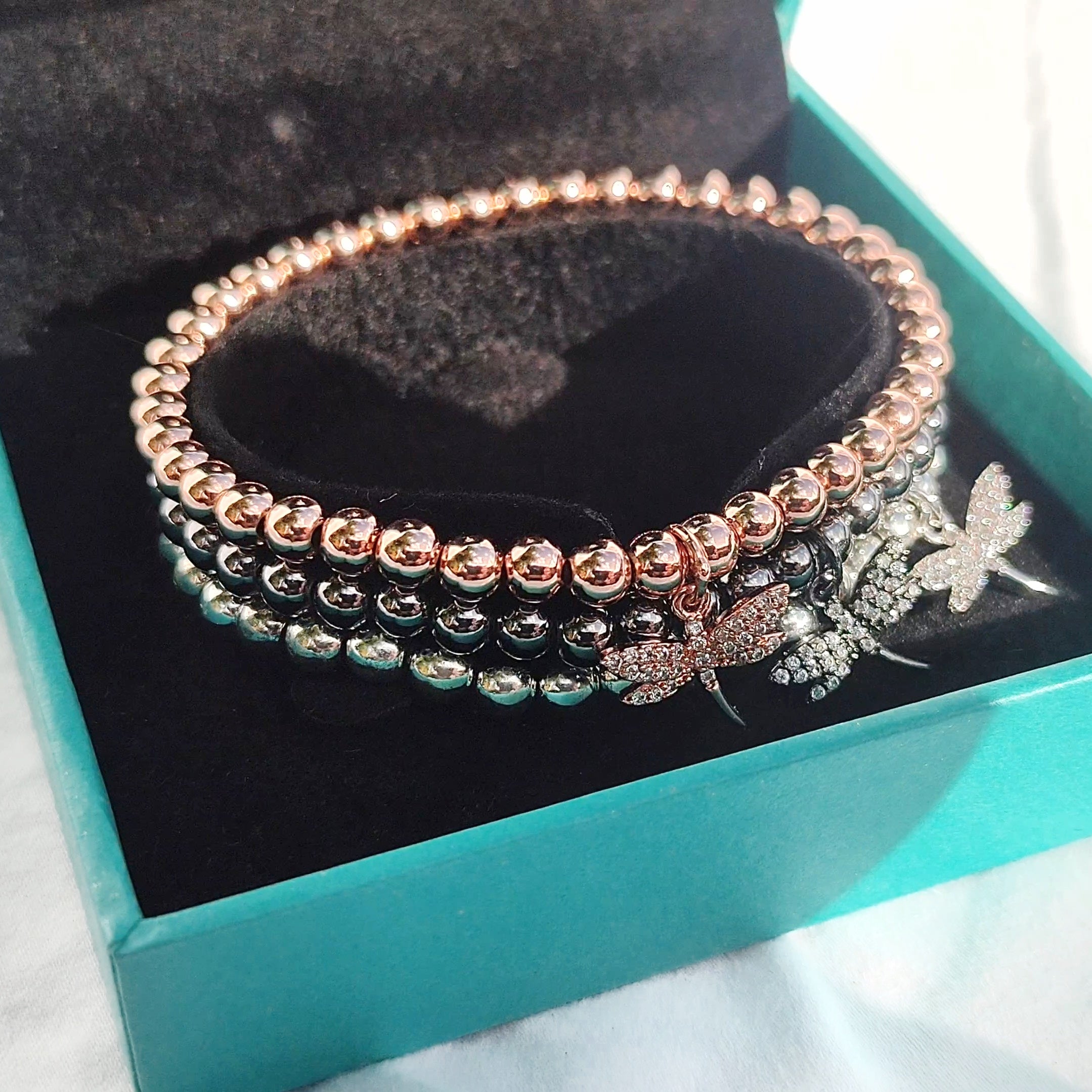 Hematite Bracelet with Dragonfly Charm ~ Black, Silver & Rose Gold in luxury gift box