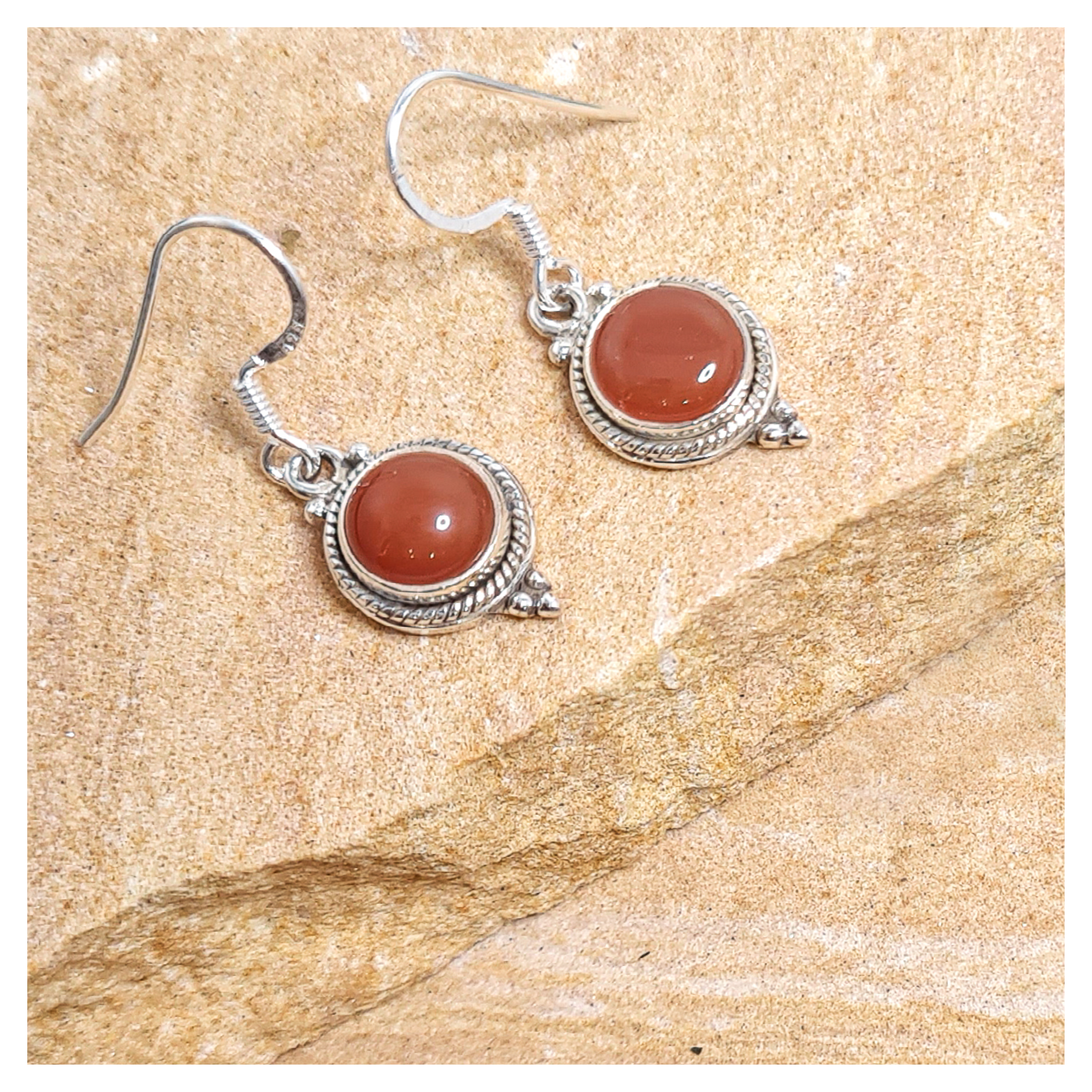 Carnelian circle hook earrings in sterling silver