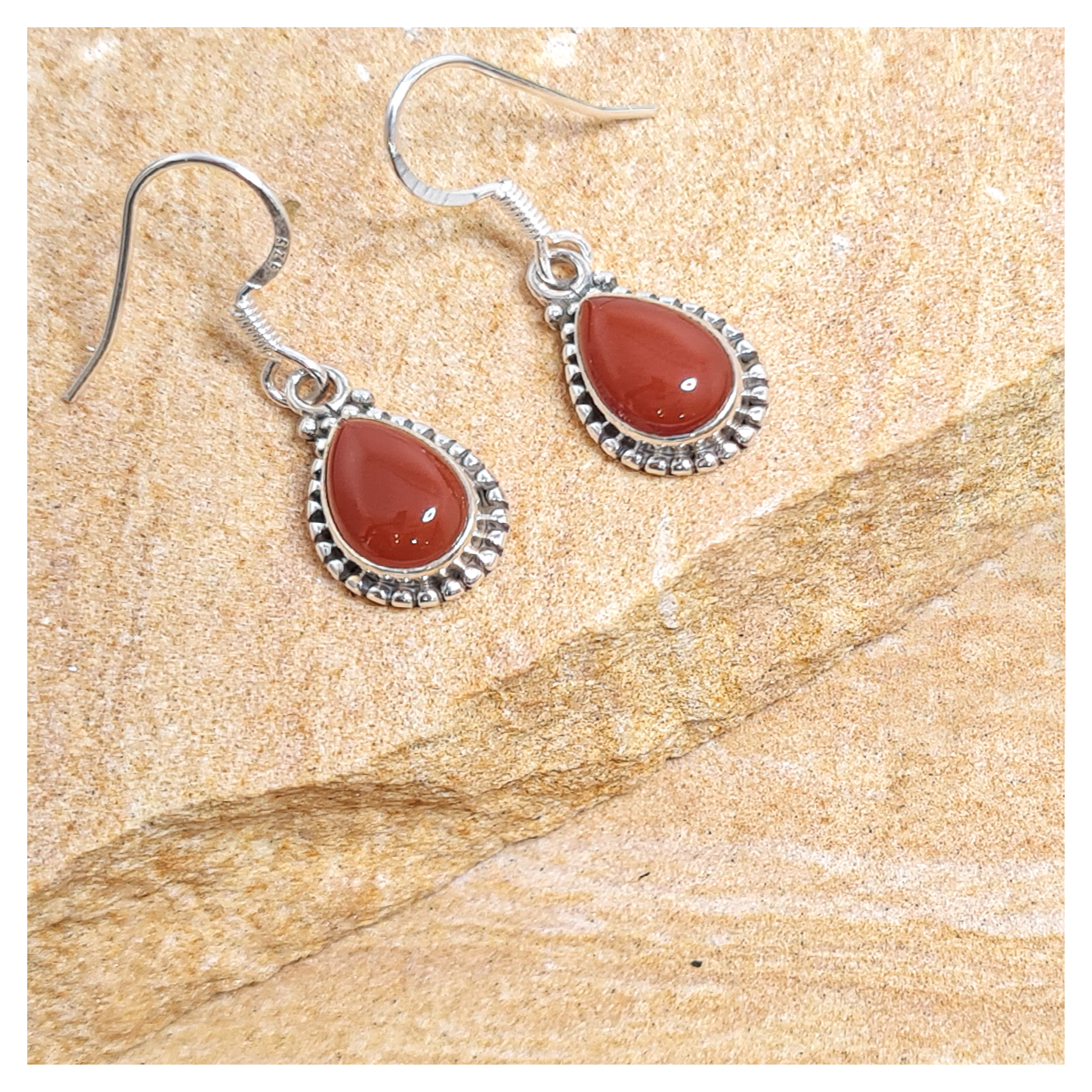 Carnelian tear drop earrings in sterling silver