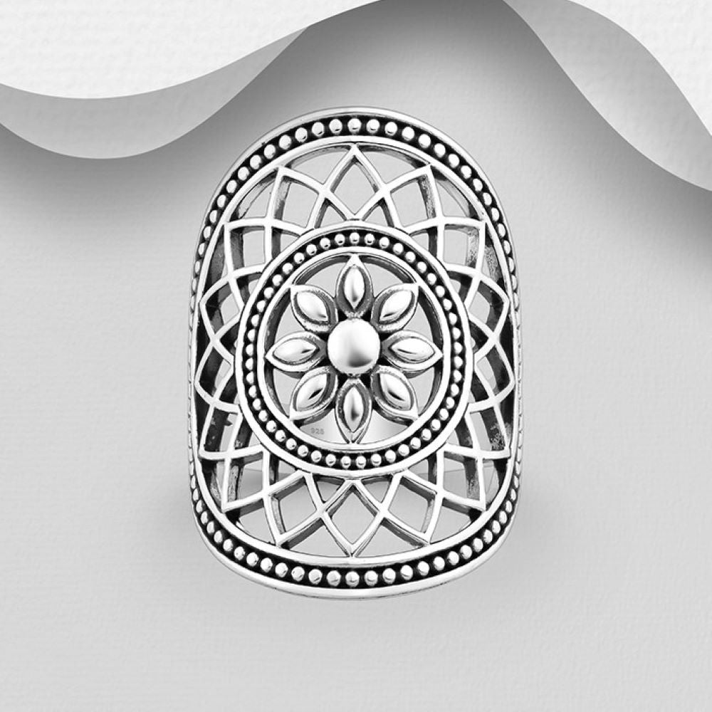 Flower mandala round statement ring in sterling silver