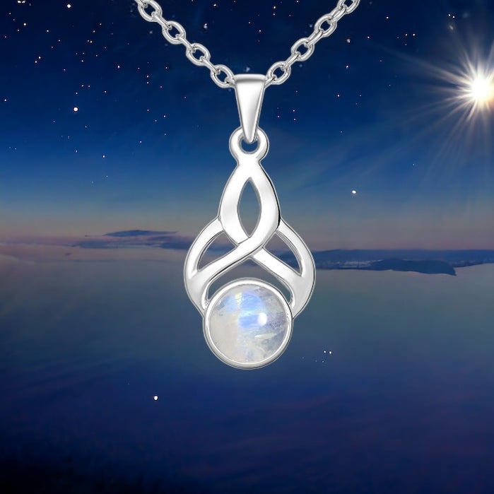 Rainbow moonstone celtic inspired design silver pendant
