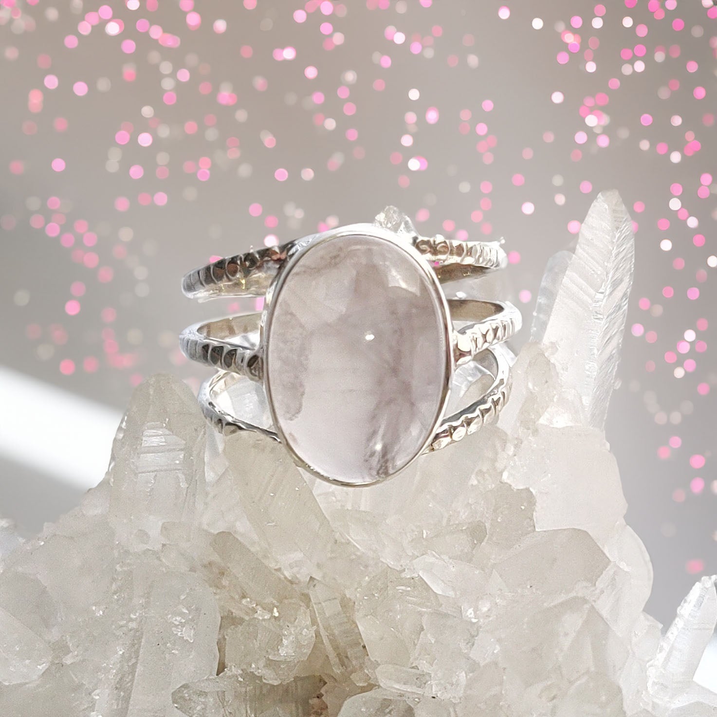 Elegant triple banded oval rose quartz cabochon sterling silver ring