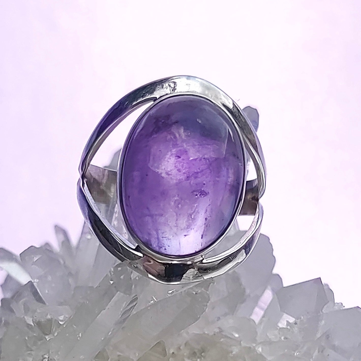 Elegant Oval Amethyst Cabochon Sterling Silver Ring