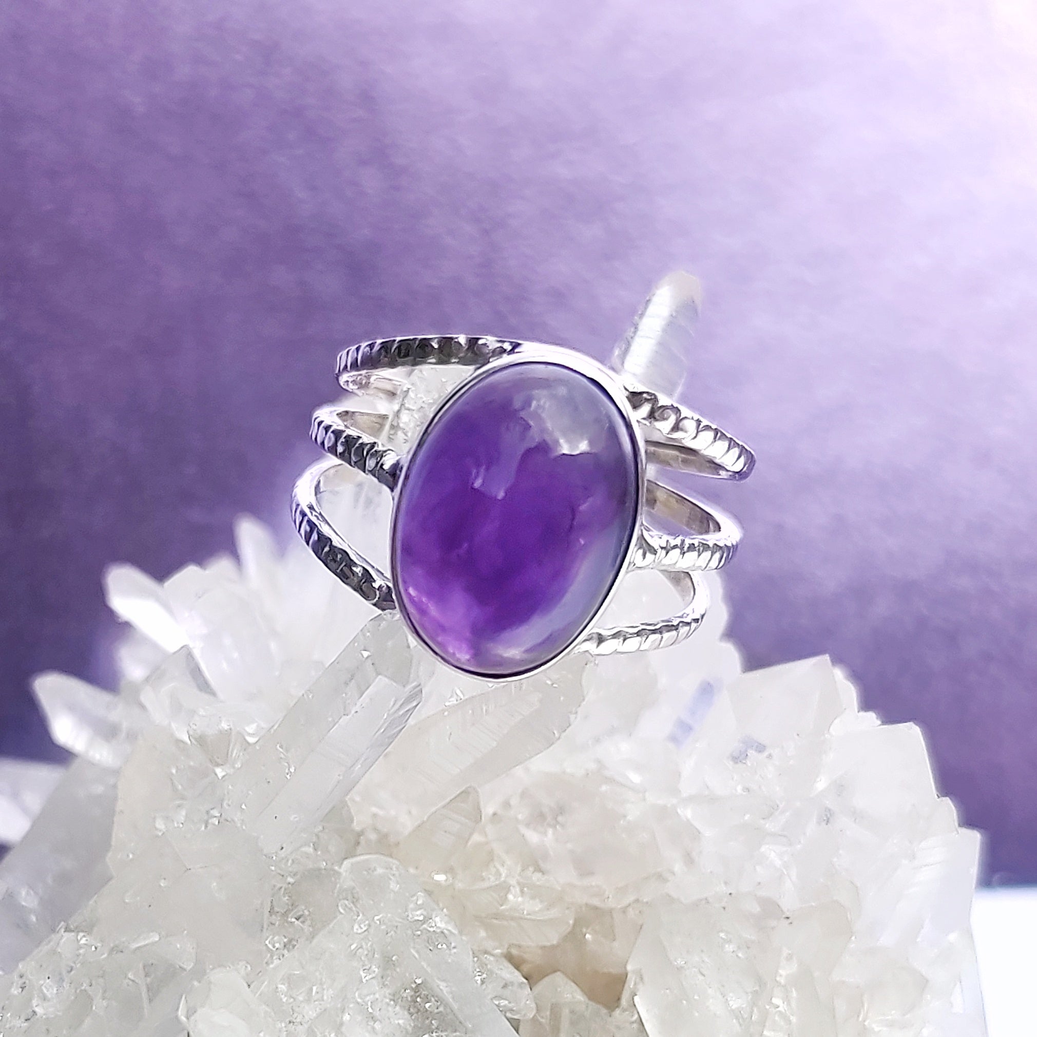 Elegant triple banded oval Amethyst cabochon sterling silver ring