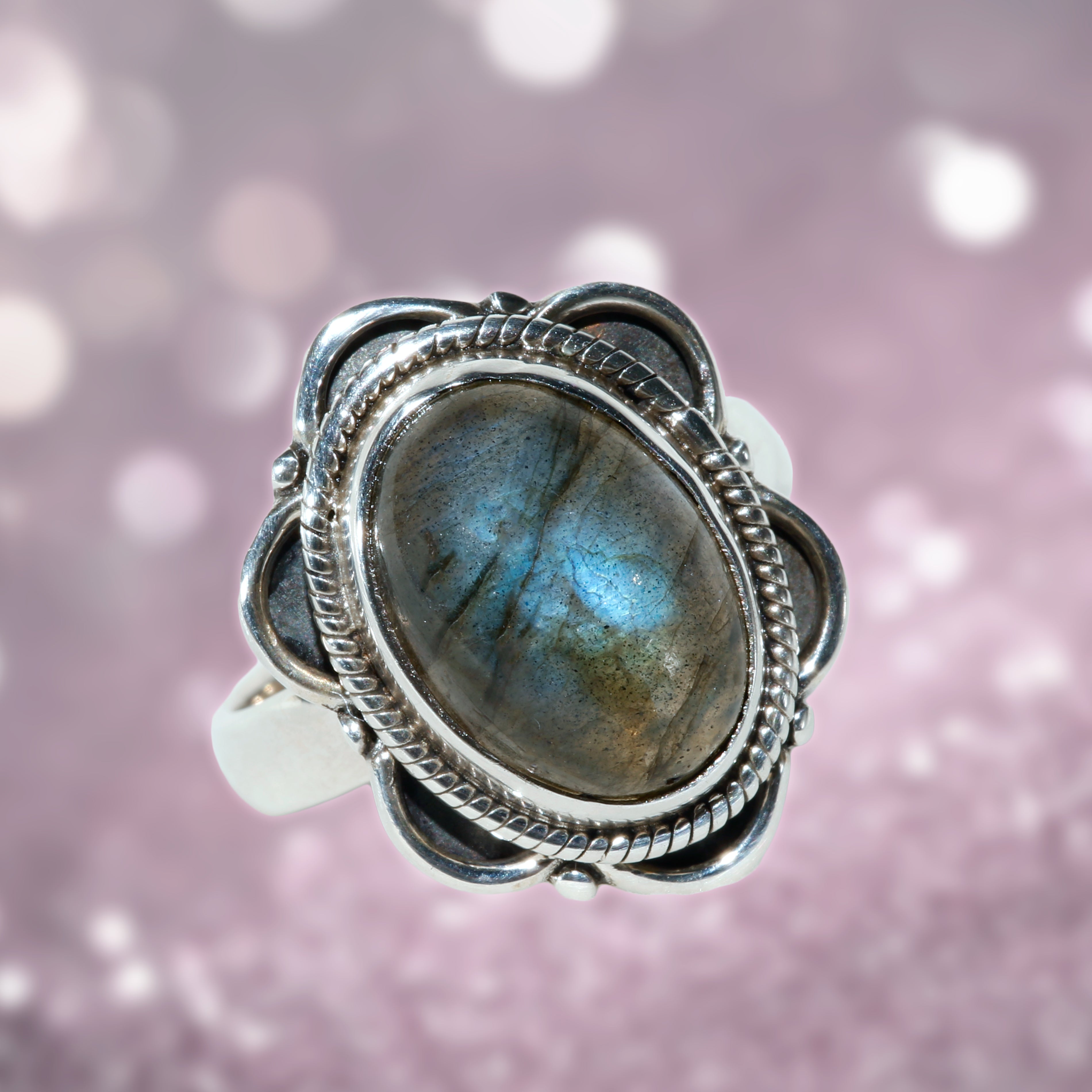 Labradorite oval cabochon flower design sterling silver ring - size 9,8 & 7