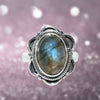 Labradorite oval cabochon flower design sterling silver ring - size 9,8 & 7