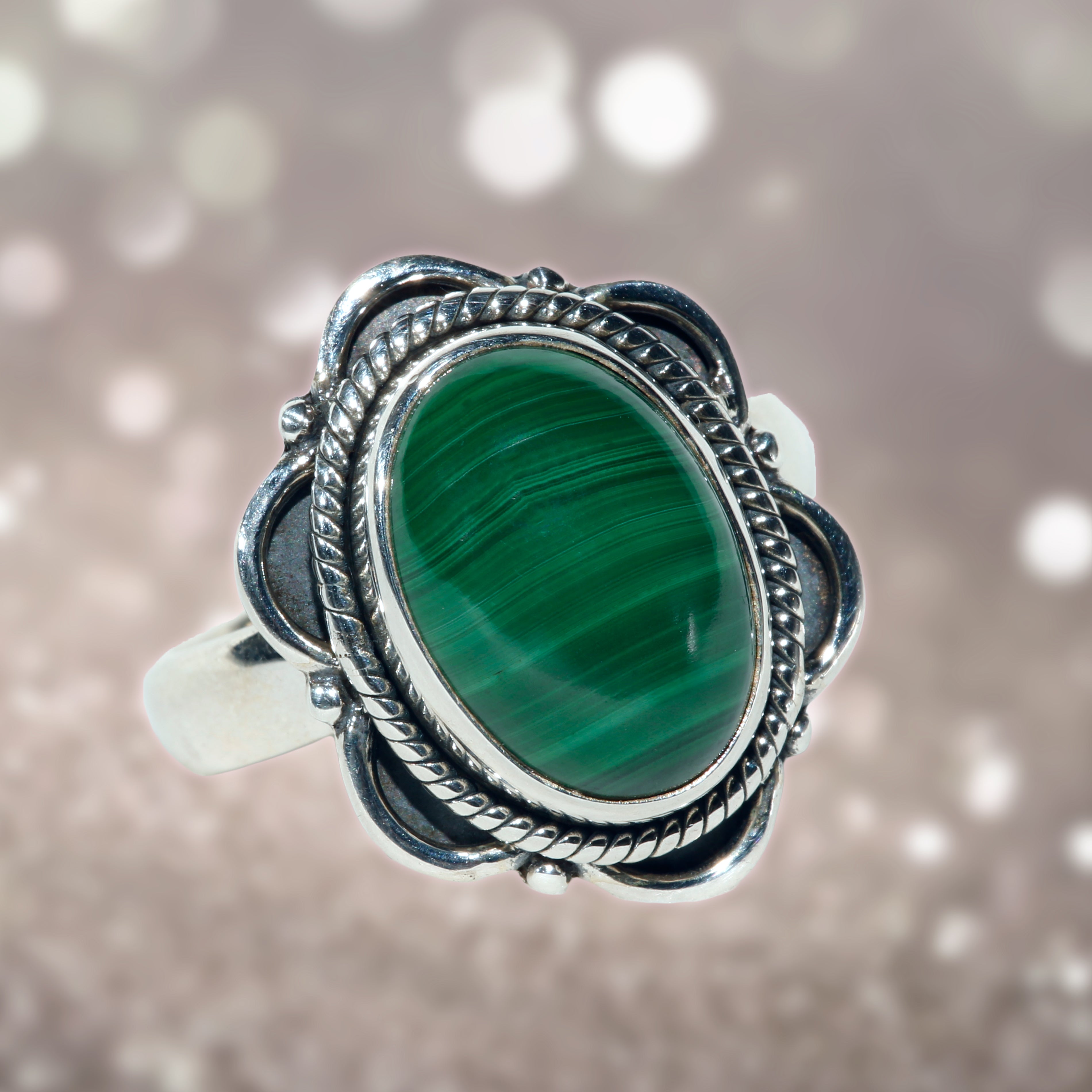 Malachite oval cut cabochon flower design sterling silver ring -  size 10, 9 and 8