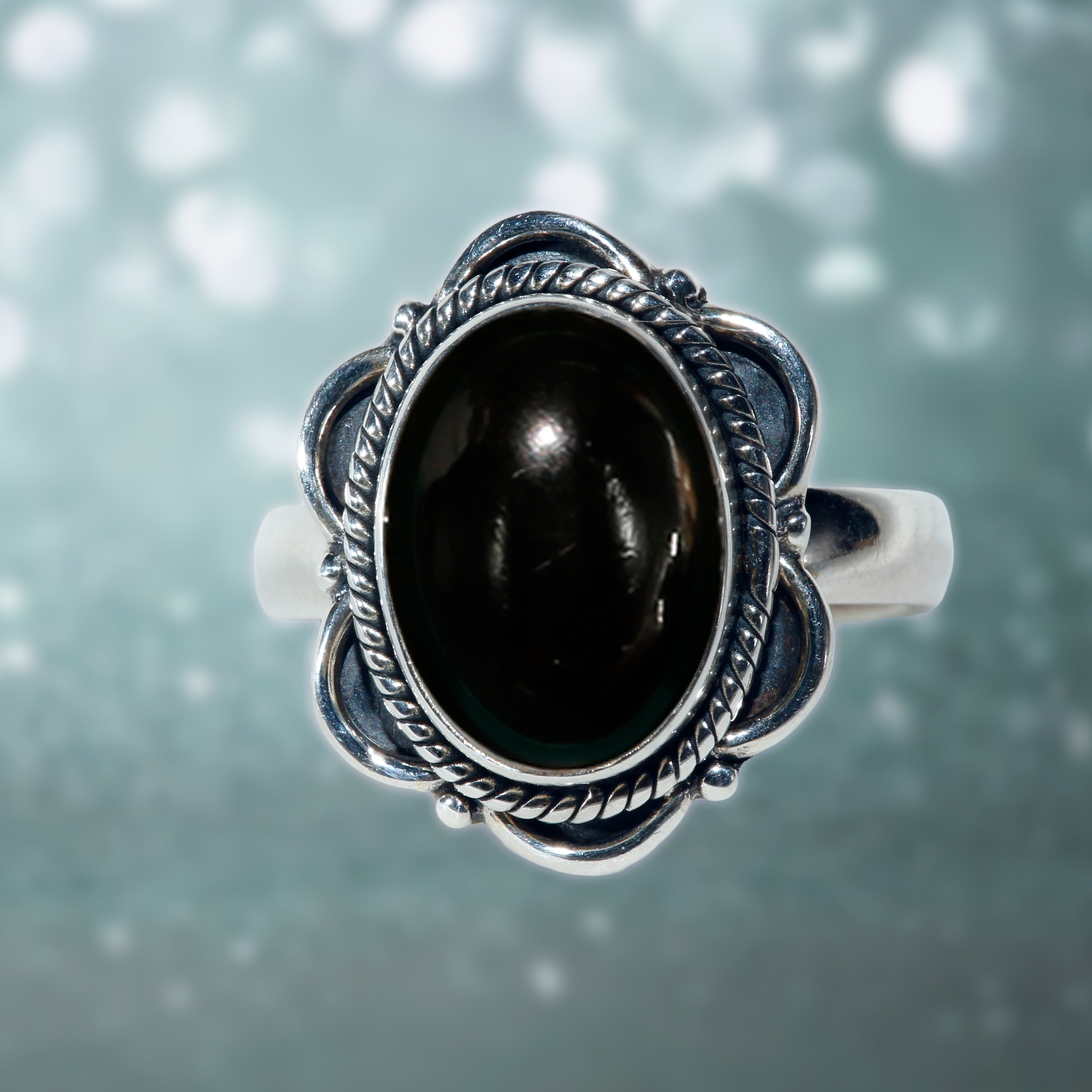 Oval cut Black Onyx cabochon boho flower design sterling silver ring ~ size 7,8,9