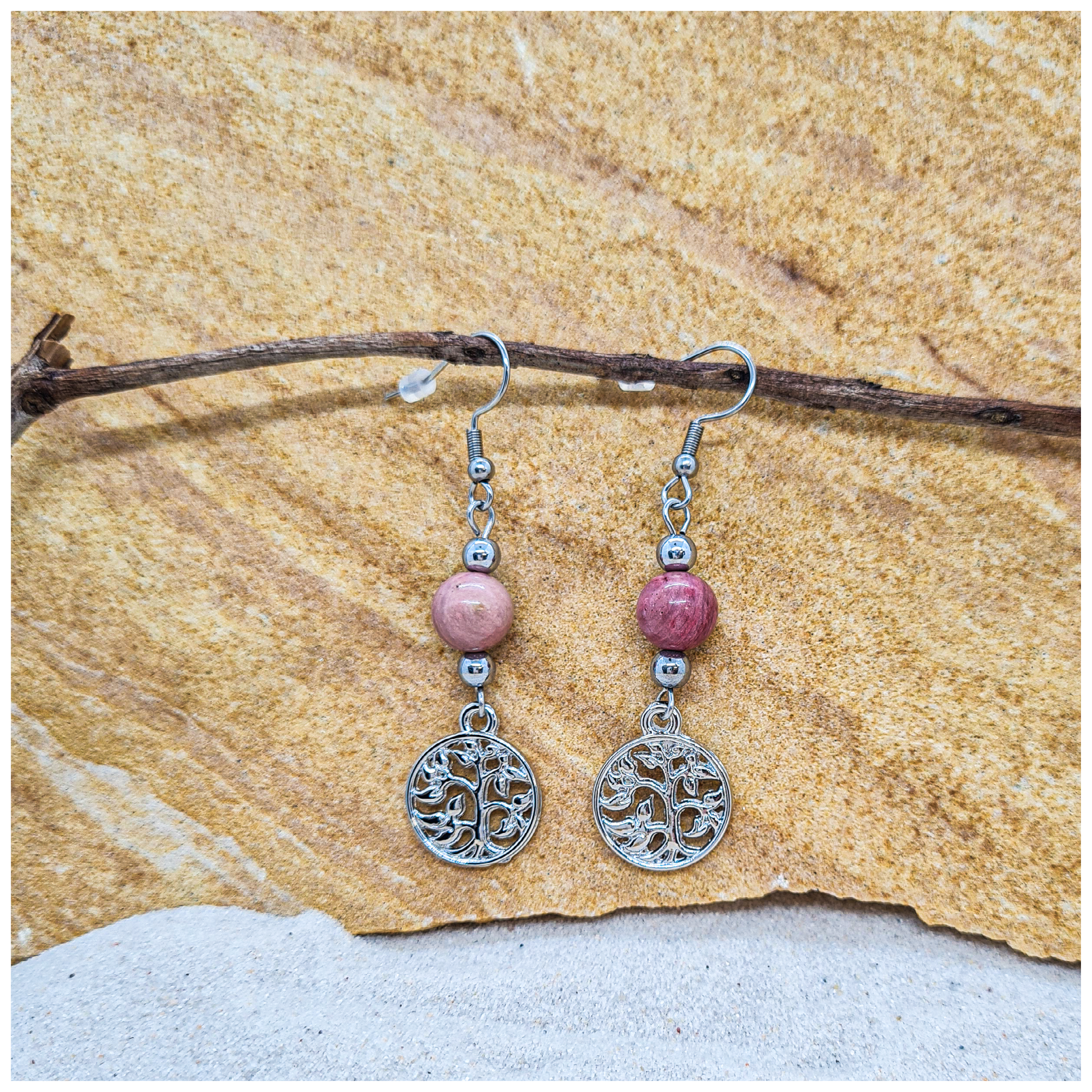 Pink Rhodonite 8mm crystal bead drop earrings with silver tree of life charm