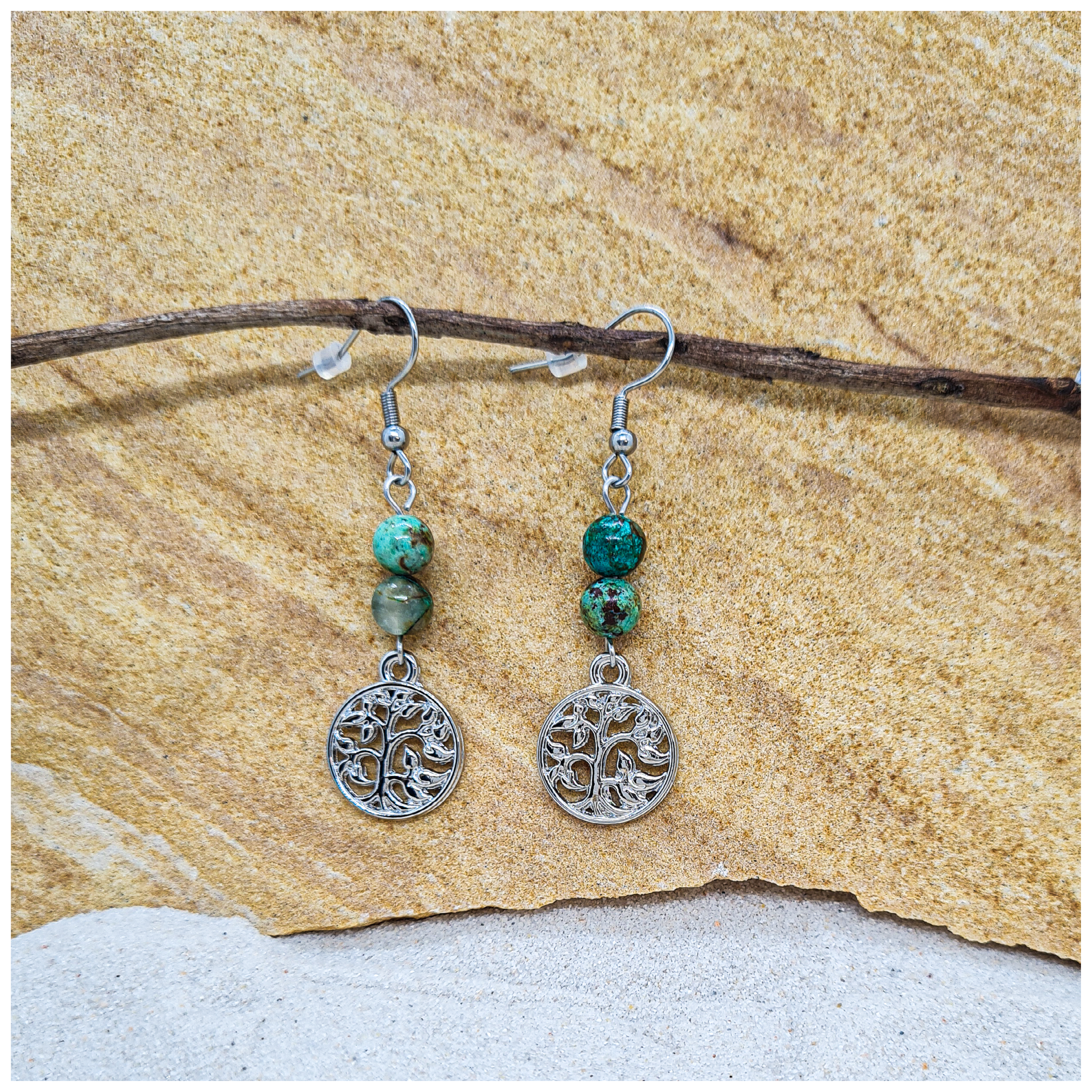 Chrysocolla 6mm crystal bead drop earring with silver tree of life charm