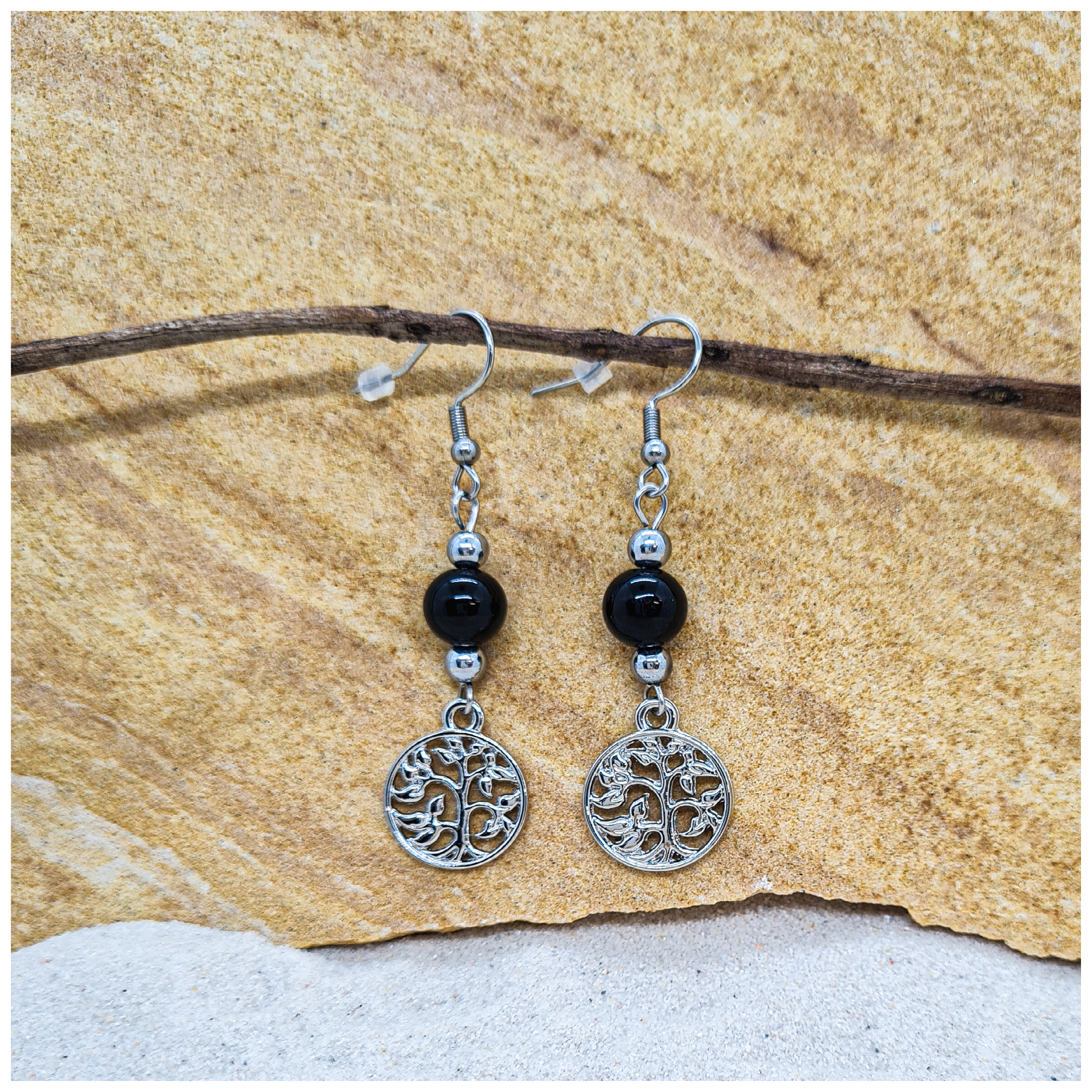 Black Obsidian 8mm crystal bead drop earrings with silver tree of life charm