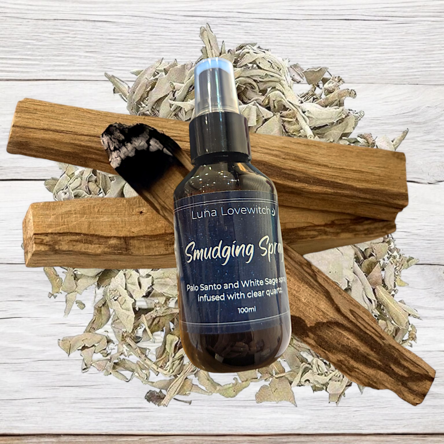 Luna Lovewitch smudging spray - smokeless white sage and palo santo spray infused with clear quartz