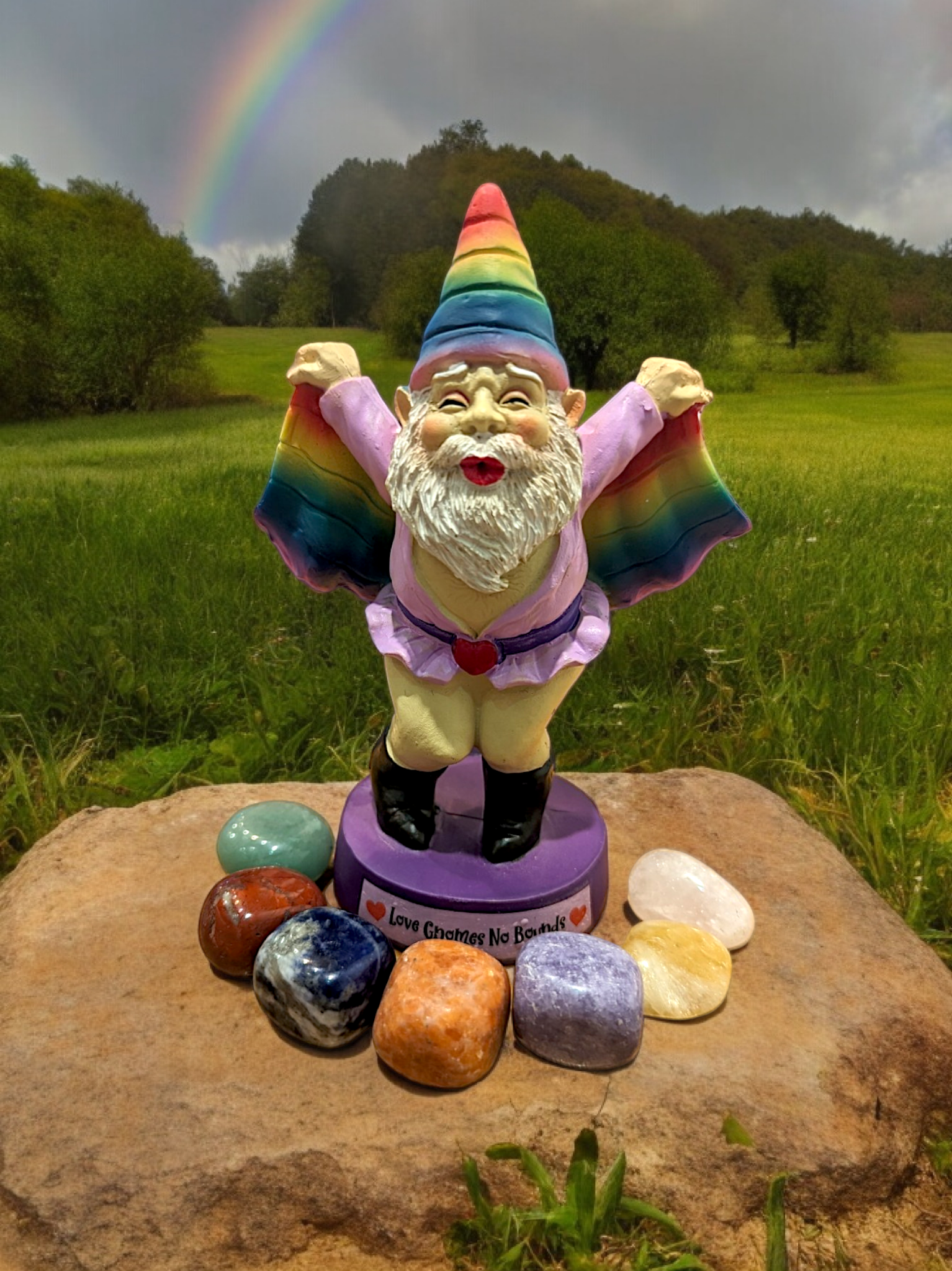 'Love Gnomes No Bounds' Pride garden gnome