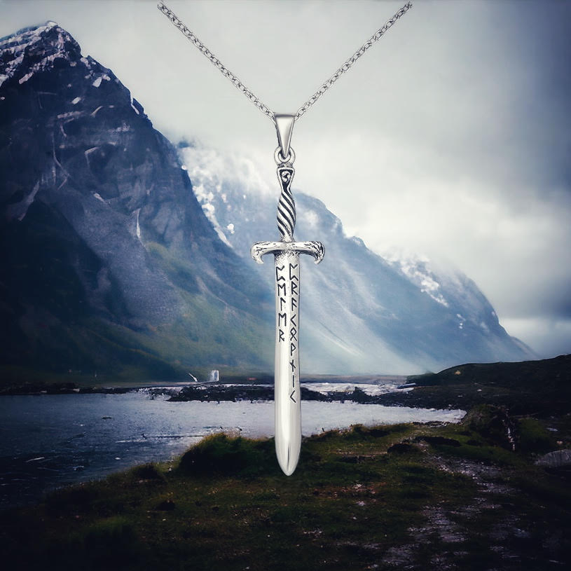 Mythical viking sword pendant with etched rune design