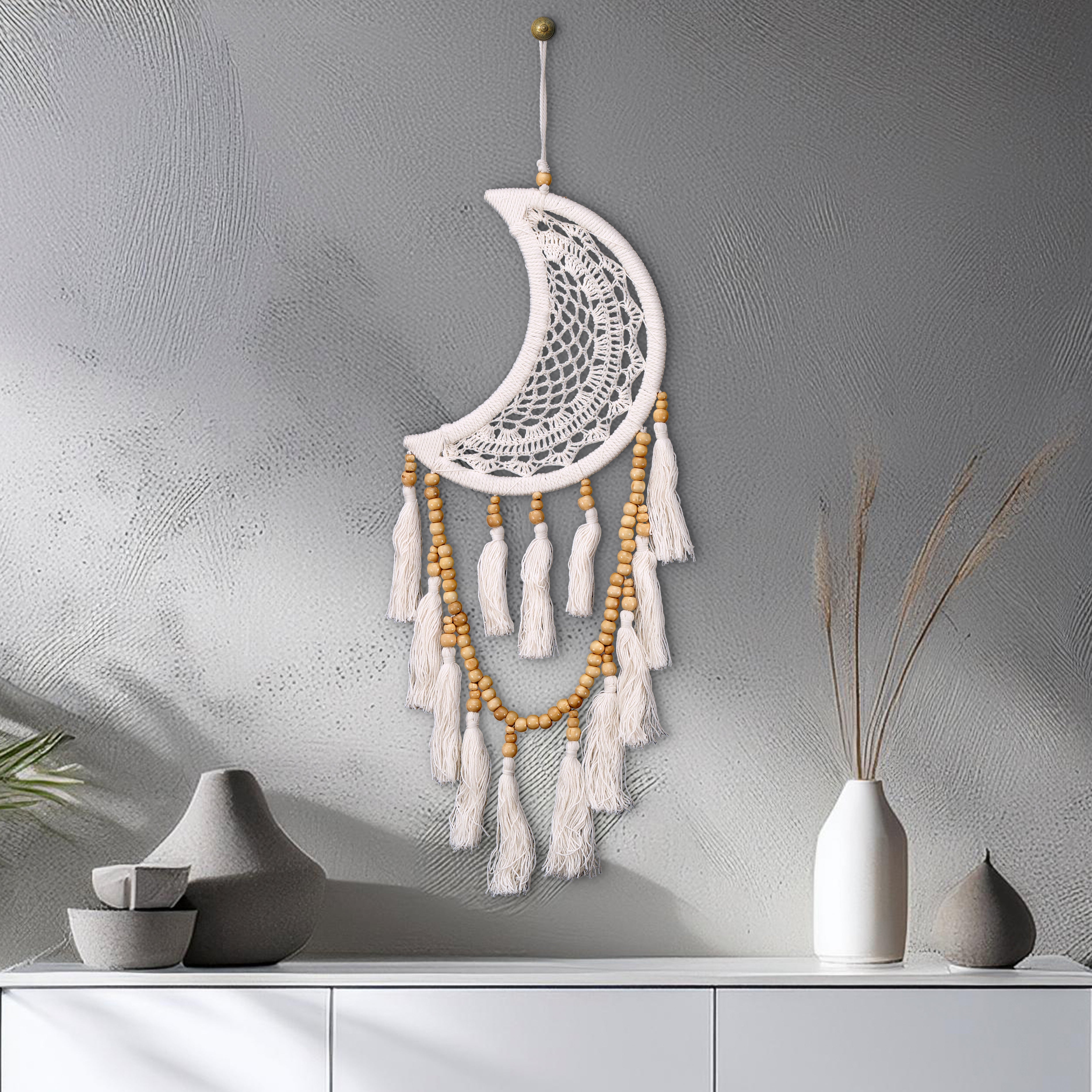 Crescent moon macrame and rattan dream catcher