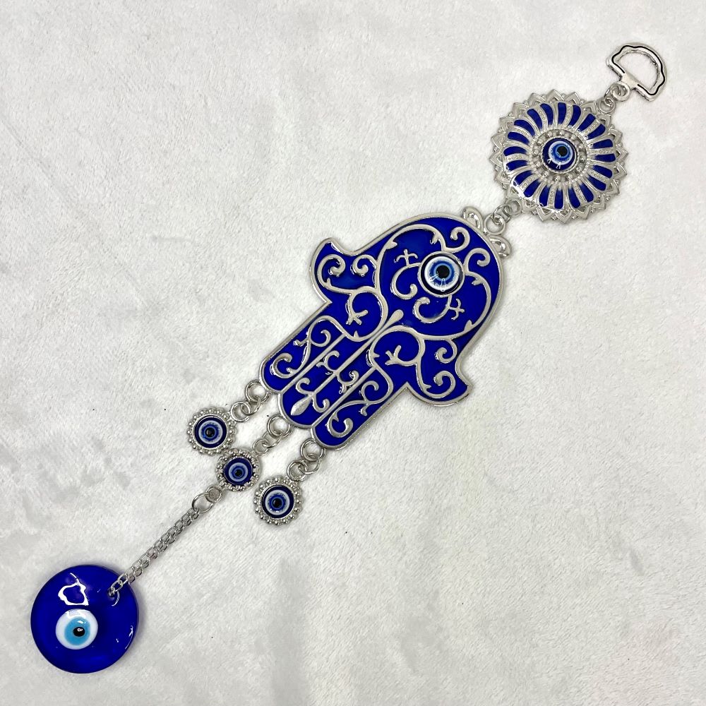 Blue hamsa hand plus glass evil eye drop charm hanging with mini evil eyes